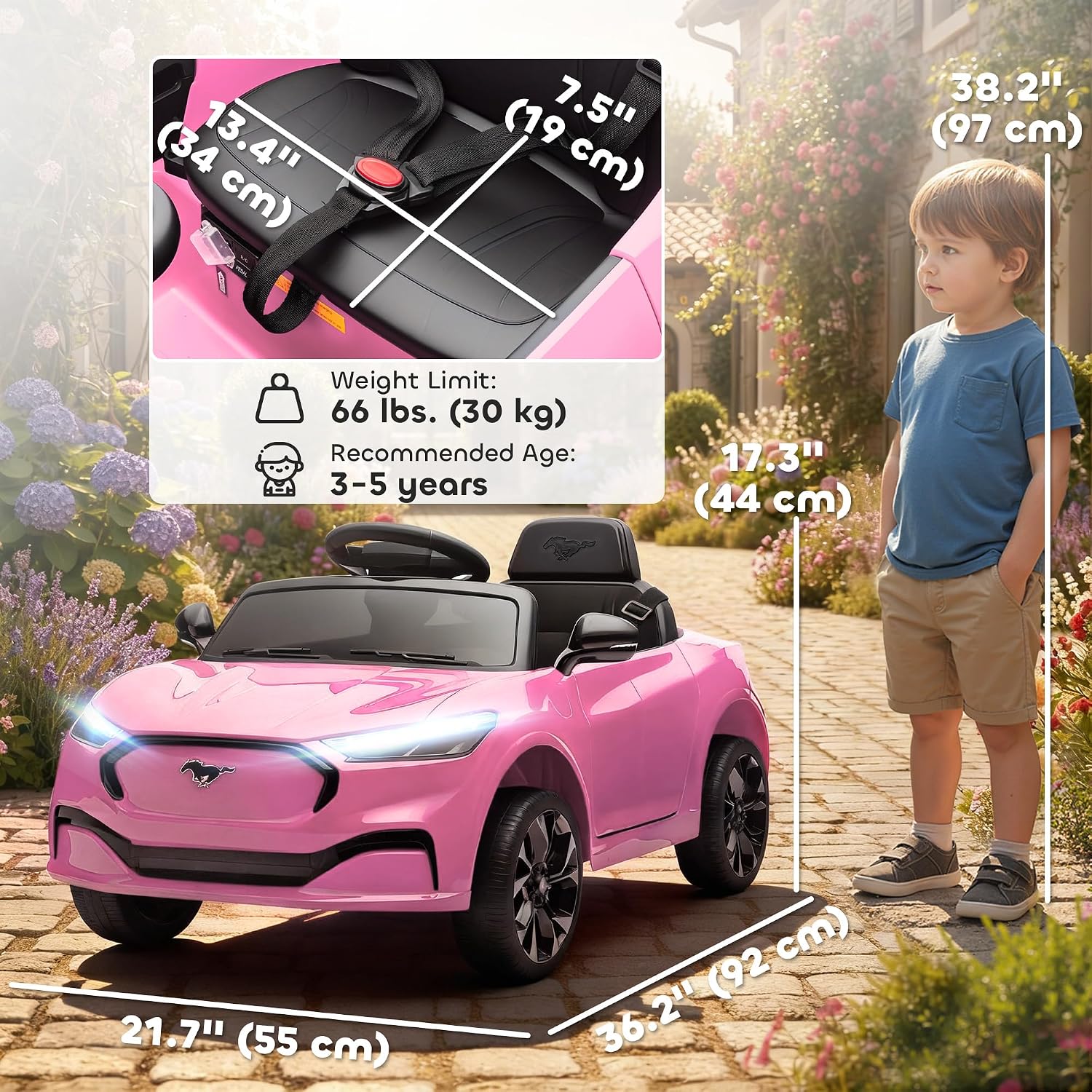Qaba 12V Kids Ride On Car, Licensed Ford Mustang Mach-E Electric Car with Remote Control, 3 Speeds, LED Light, Music, Bluetooth, Suspension Wheels, Battery Powered Toy for Ages 3–5 Years, Pink