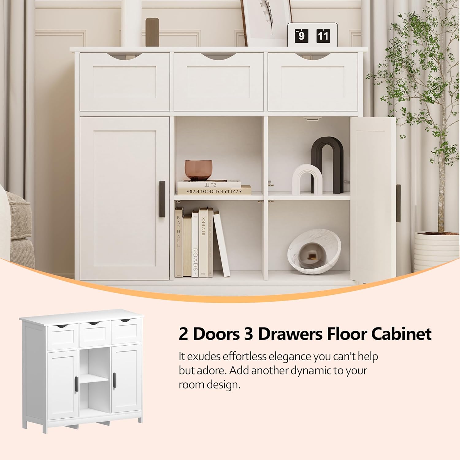 Sideboard Floor Storage Cabinet - Wooden Storage Organizer with 2 Doors and 3 Drawers, Free Standing Accent Buffet Cabinet with Adjustable Shelves for Living Room, Kitchen,Bathroom (White)