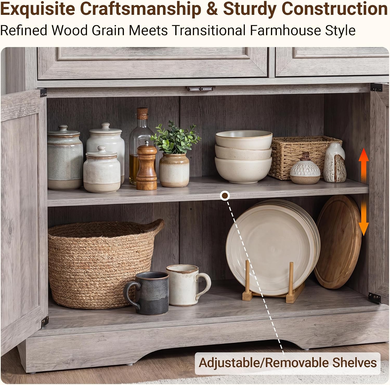 66' Large Sideboard Buffet Cabinet with Storage, Farmhouse Buffet Table Coffee Bar Wine Bar Kitchen Storage Cabinet with Drawers, Weathered Ash