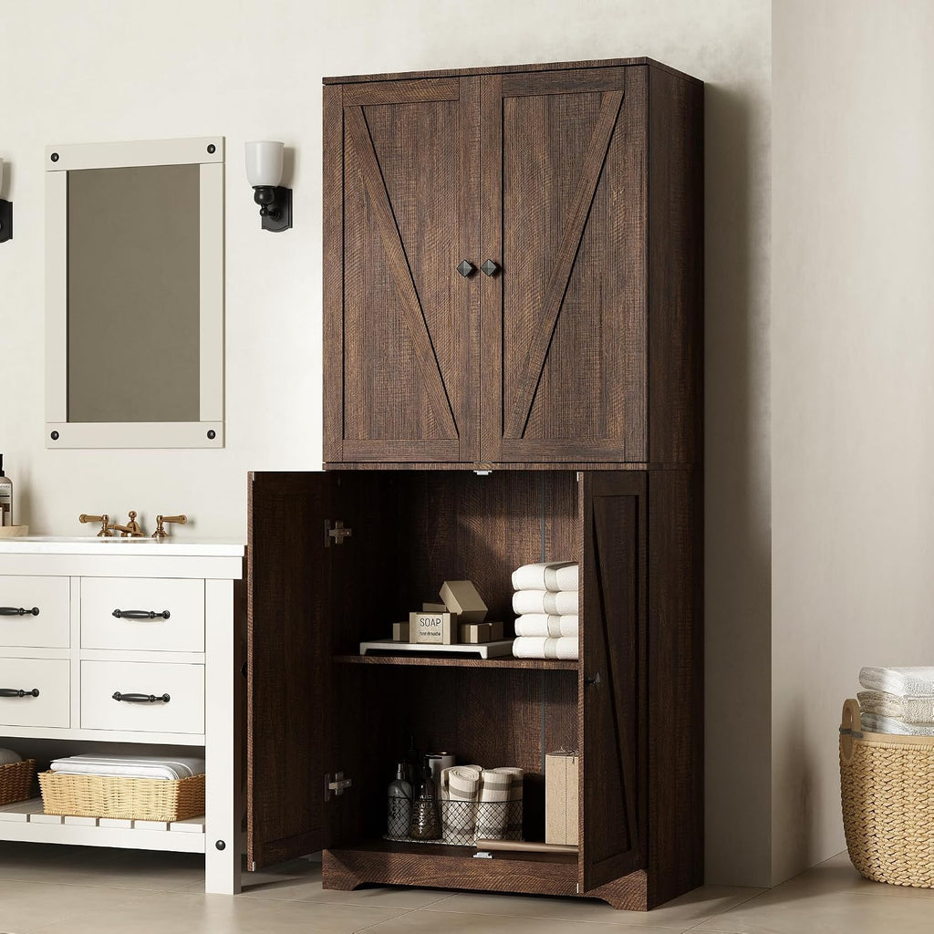 Kitchen Pantry Cabinet Set of 3, 72' Tall Farmhouse Storage Cabinet with 4 Barn Doors and Adjustable Shelves, Pantry Cabinet Versatile Storage for Kitchen, Living Room, Brown