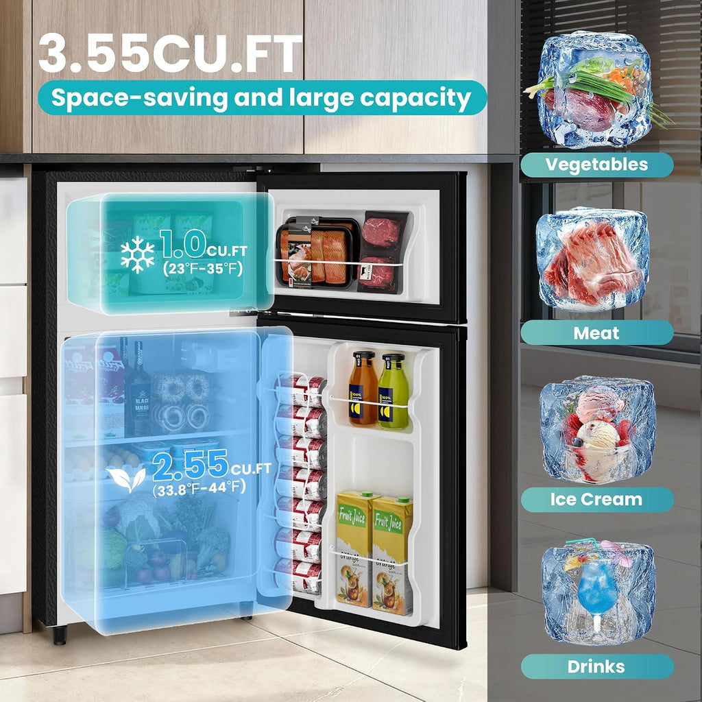 Manastin 3.55 Cu.Ft Mini Fridge with Freezer, Small Refrigerator with 2 Doors for Kitchen, Dorm, Office and Bedroom, Mini Refrigerator with Adjustable Shelves (Black)