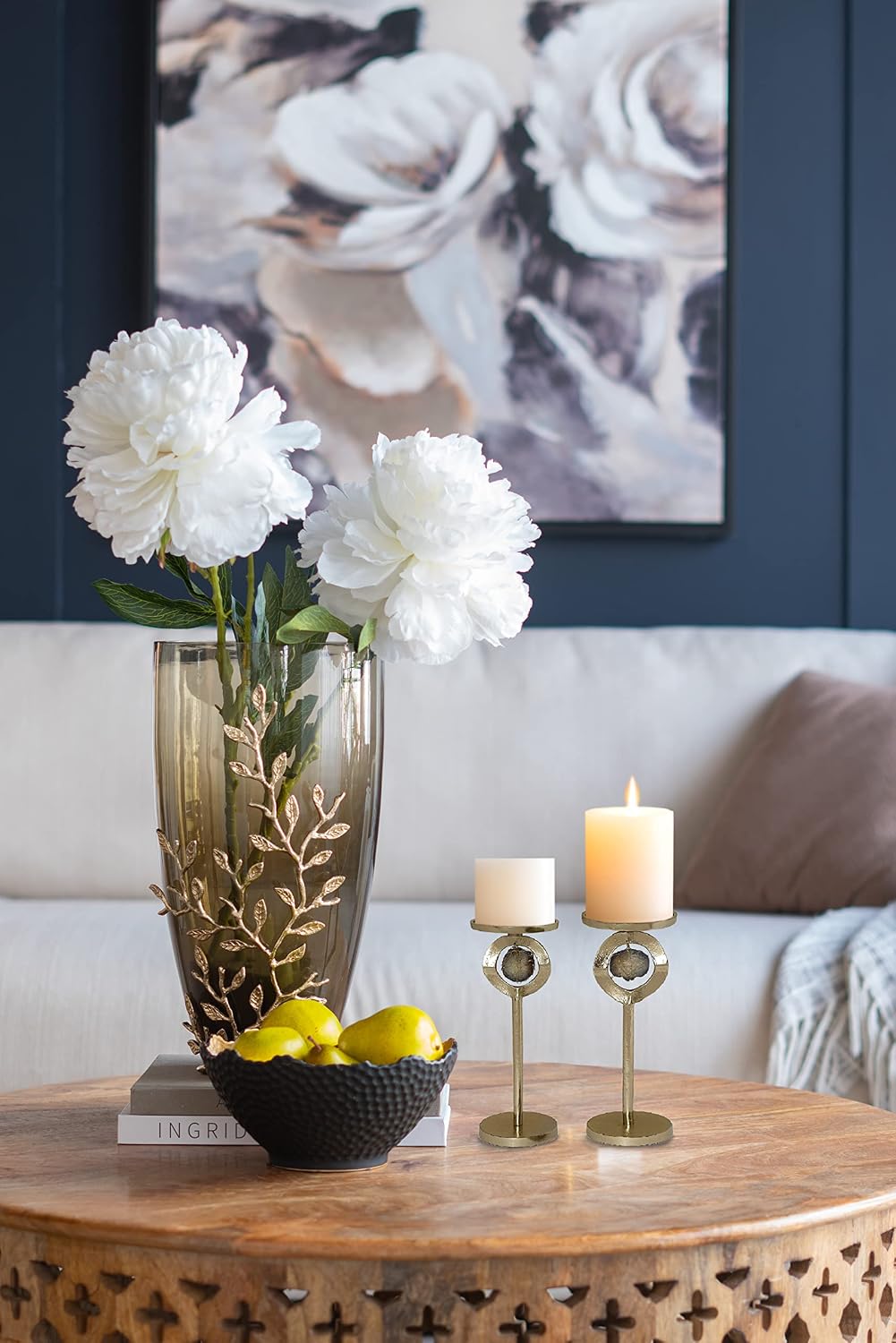 A&B Home Cut Stone Candle Holder Set - Set of 2 Aluminum Candle Holder with Stone, Decorative Tabletop Lighting, Living Room Coffee Table Accent Piece Dining Table Centerpiece, 9' x 5' x 13'