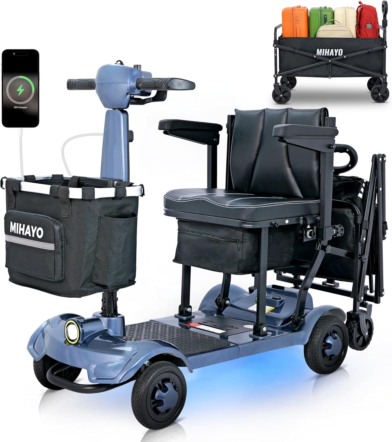 MIHAYO Lightweight 4-Wheel Mobility Scooter for Seniors and Adults, Airline Approved 24 Miles Range Electric Scooter with 280 lbs Capacity, 350W Motor and 112L Storage Wagon, Slate Blue