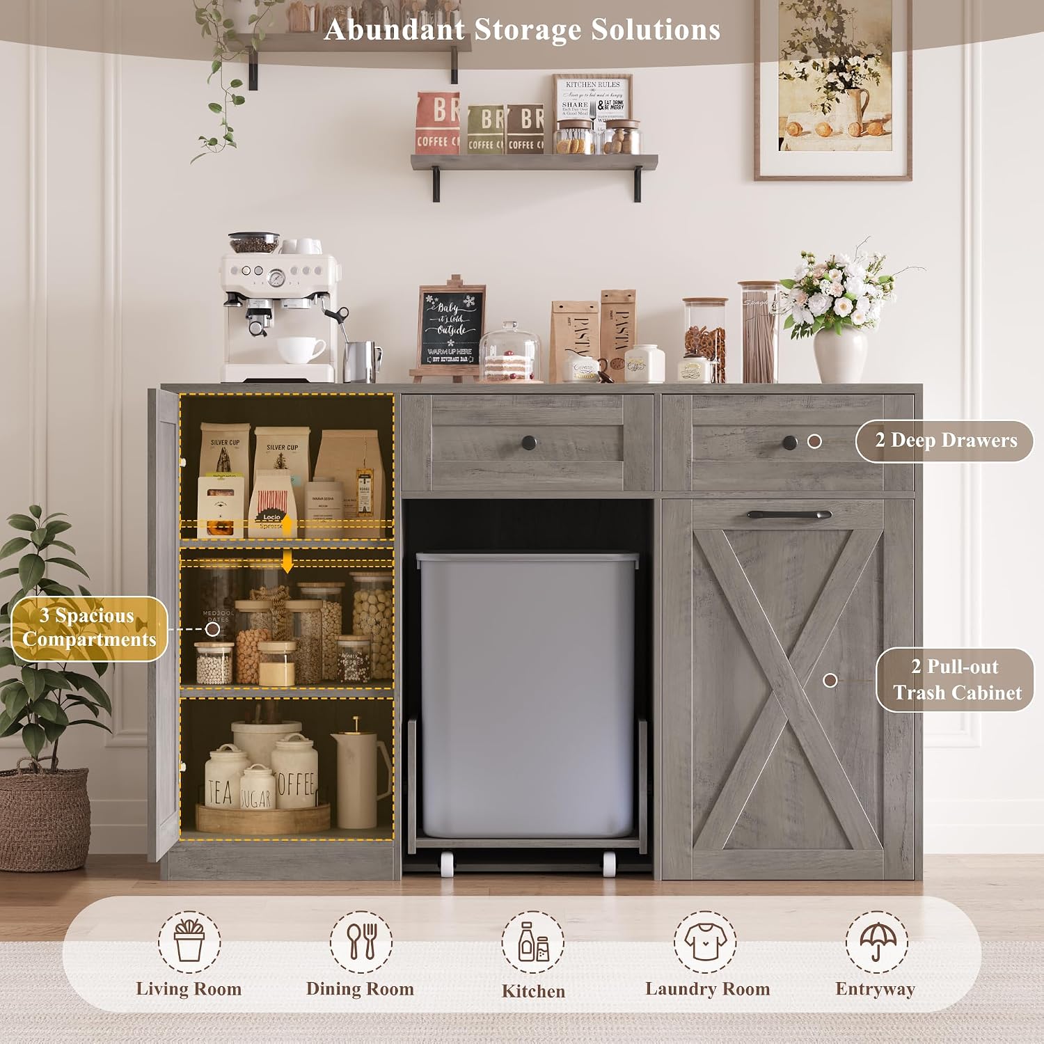 HOSTACK 12.5 Gallon Kitchen Trash Cabinet, 47' Double Trash Can Cabinet, Large Pull Out Can Storage Drawers, Wood Farmhouse Hidden Garbage Storage Buffet for Kitchen, Dining Room, Ash Grey