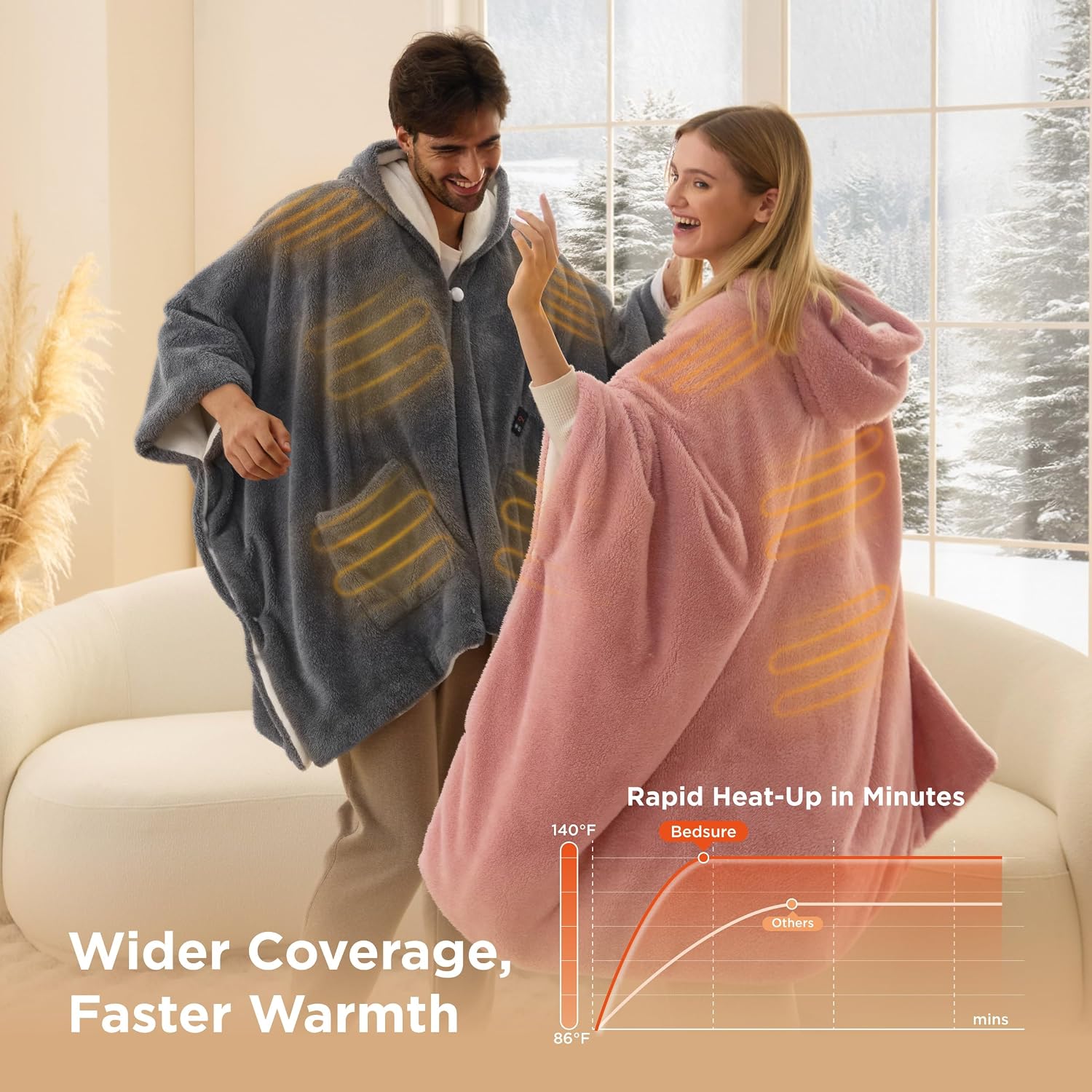 Bedsure Cordless Wearable Heated Blanket - Fluffy Electric Blanket Hoodie with 20000mAh Battery Pack, Portable USB Heated Shawl as Winter Gifts for Women Mom, 4 Heat Levels & 4 Timers, 55'x69', Pink
