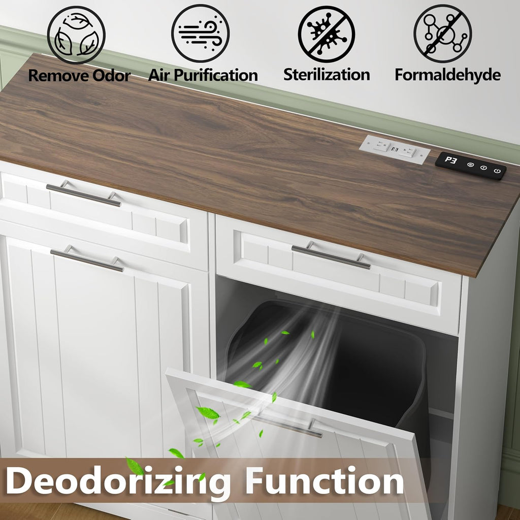 2 x 10 Gallon Double Tilt Out Trash Can Cabinet with Deodorizing Function & Charging Station, Hidden Laundry Hamper Cabinet with Storage Drawers, Garbage Can Holder for Kitchen, Bathroom, White