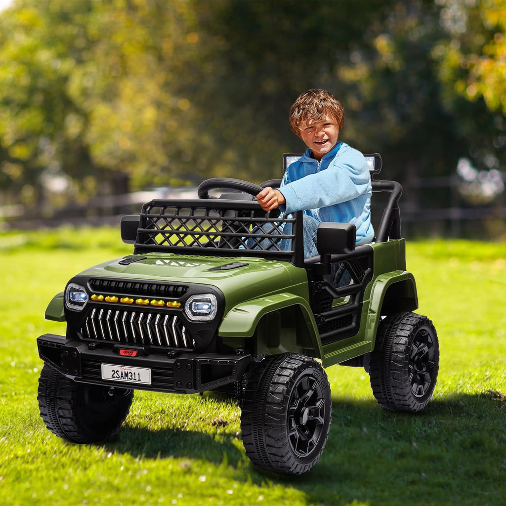 GarveeLife 12V Kids Ride On Truck Electric Vehicle Battery Powered Car Toddlers Ride On Toy for Boys Girls with Remote Control, 4-Wheel Suspension, Battery Display, LED Lights, Music, Army Green