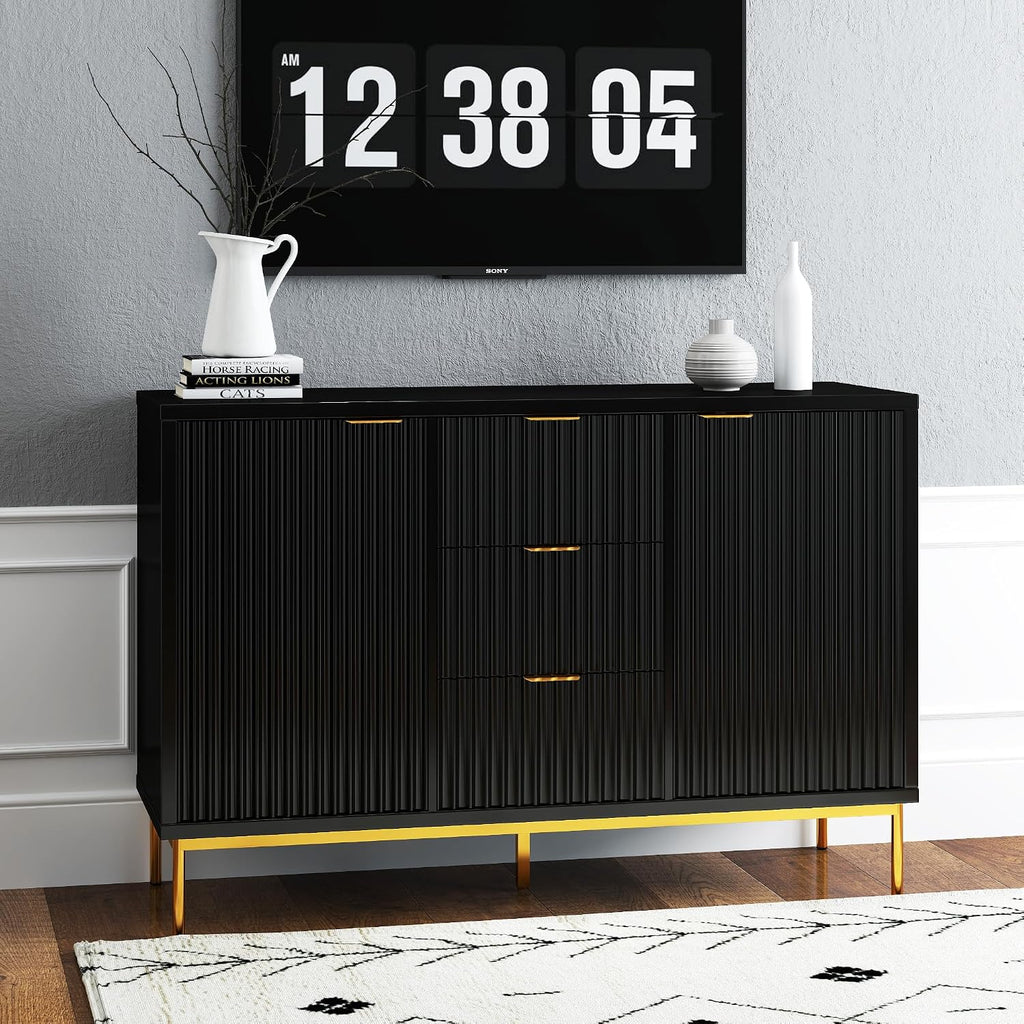 Real Relax Fluted Sideboard Cabinet, Modern Sideboard Buffet Cabinet with Storage, Coffee Bar Credenza Buffet Table with 2 Doors 3 Drawers for Kitchen, Living, Dining Room, Black