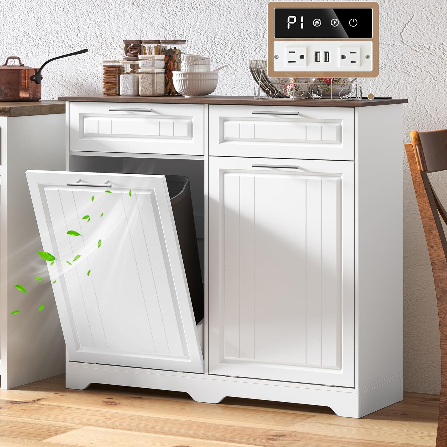 2 x 10 Gallon Double Tilt Out Trash Can Cabinet with Deodorizing Function & Charging Station, Hidden Laundry Hamper Cabinet with Storage Drawers, Garbage Can Holder for Kitchen, Bathroom, White
