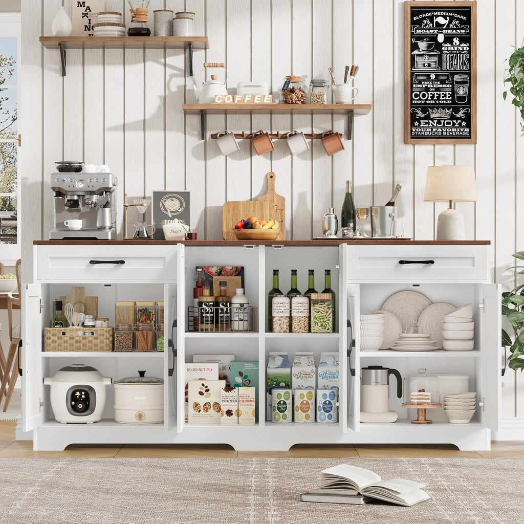 BOTLOG 2PCS Kitchen Cabinets, 71' Large Sideboard Buffet Cabinet with Storage, 72' Tall Pantry Cabinet with Microwave Stand, Wood Coffee Wine Bar Console Table for Kitchen, Dining Room, White