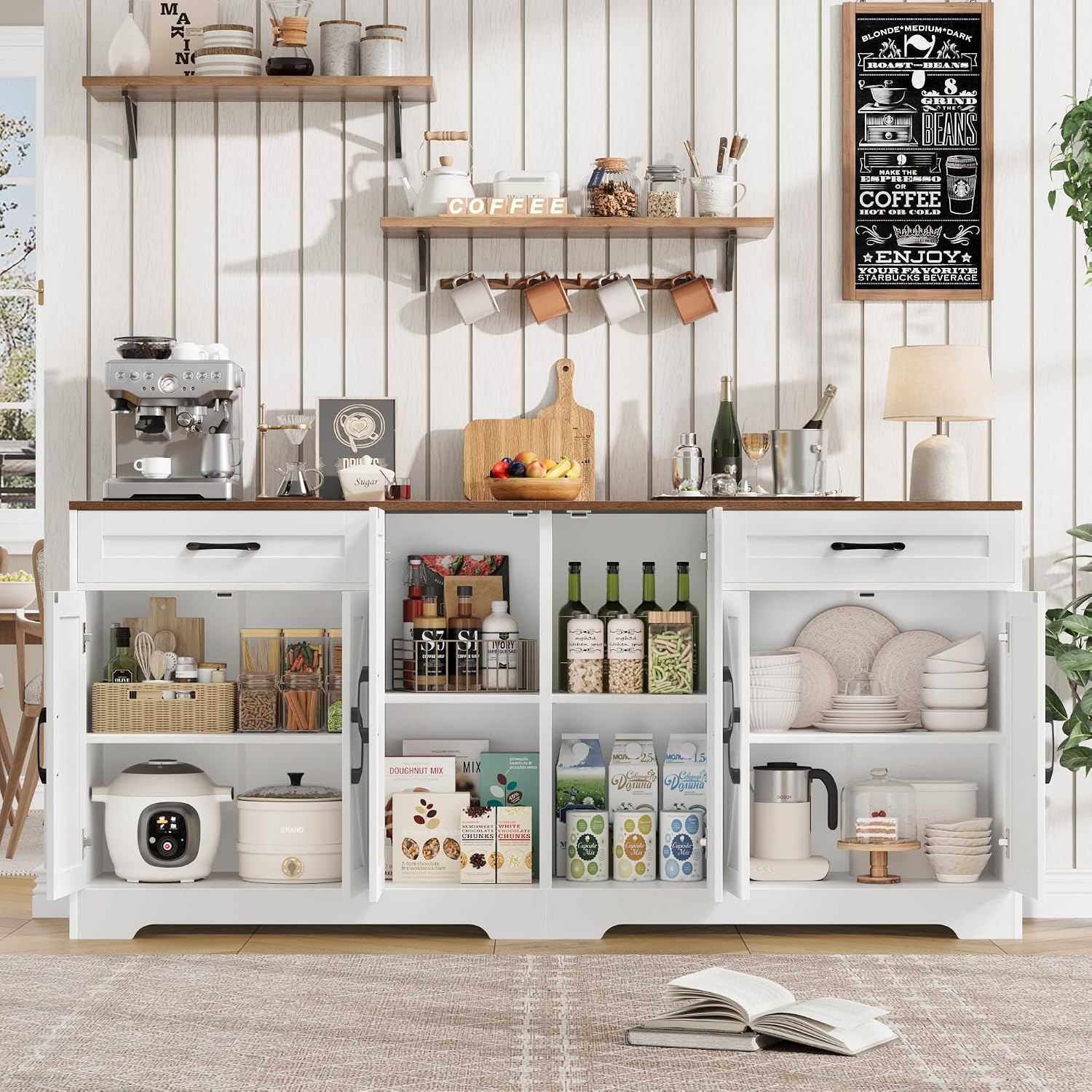 BOTLOG 2PCS Kitchen Cabinets, 71' Large Sideboard Buffet Cabinet with Storage, 72' Tall Pantry Cabinet with Microwave Stand, Wood Coffee Wine Bar Console Table for Kitchen, Dining Room, White