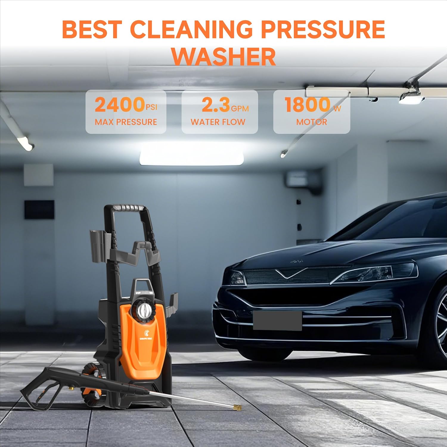 Giraffe Tools Pressure Washer, Max 2400 PSI, 2.3 GPM Electric Power Washer with 4 Quick-Connect Nozzles, Foam Cannon for Cars/Patios/Driveways/Fences, 35 ft