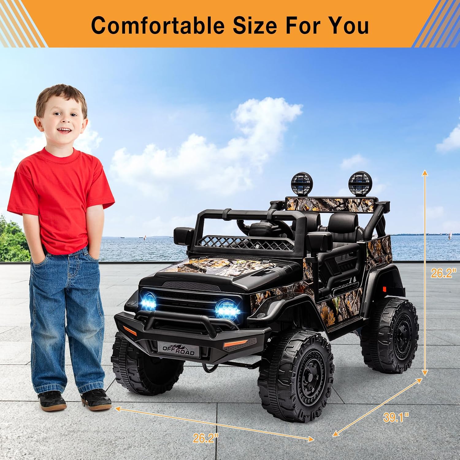 2 Seater Ride On Car for Kids, 12V Electric Truck with Parent Remote Control, Spring Suspension, 2 Speeds, LED Headlight & Music Player, Kids Electric Vehicle for Aged 3-8 Years, Black