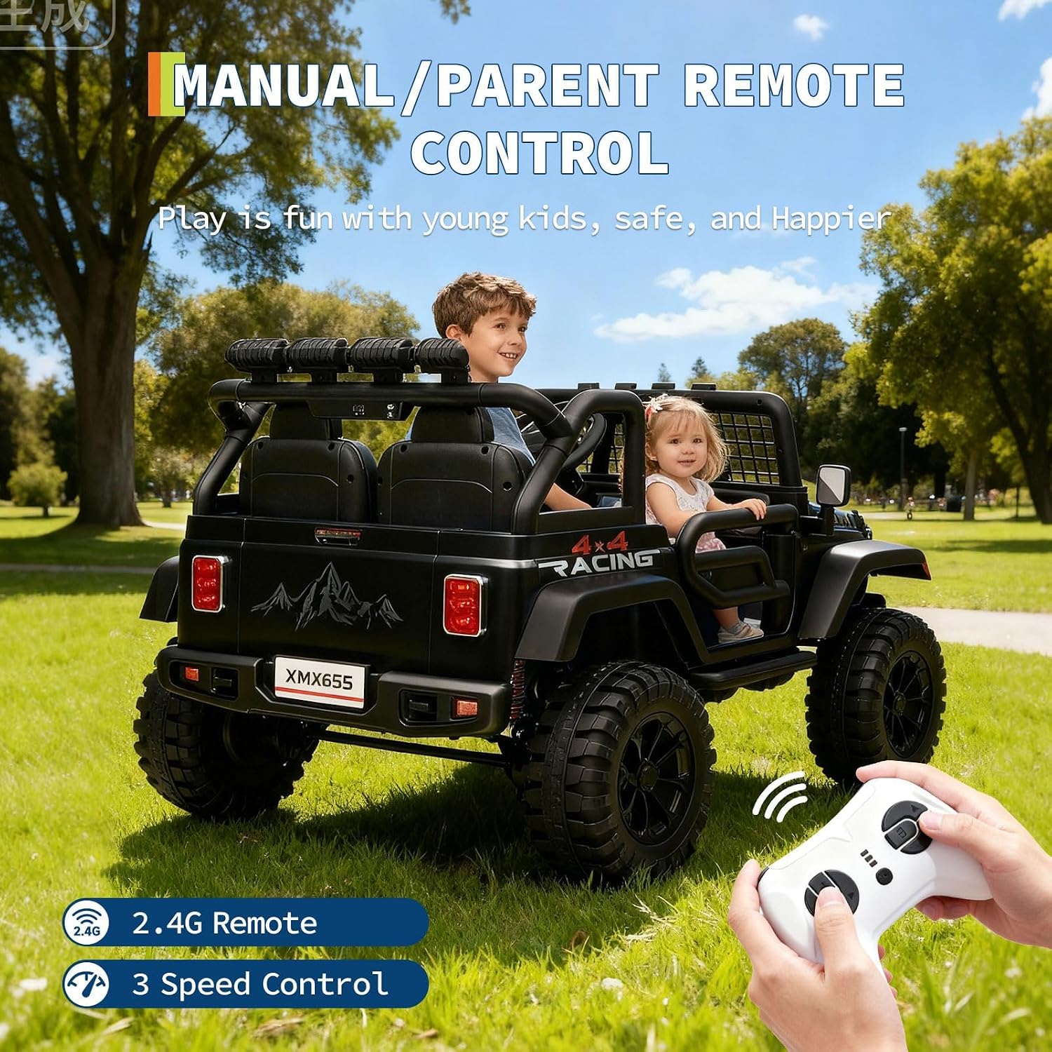 24V Ride on Car for Kids, 2 Seater Electric Truck with Parent Remote Control, Spring Suspension, 2 Speeds, LED Headlight & Music Player, Kids Electric Vehicle for Aged 3-8 Years, Black