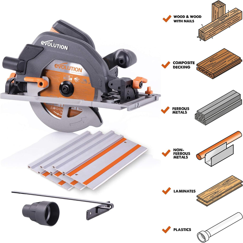 Evolution Power Tools R185CCSX Multi-Material Circular Track Saw Kit with 40' Track Included, TCT Blade Included, Cuts Wood, Plastic, Metal & More, 7-1/4 Inch