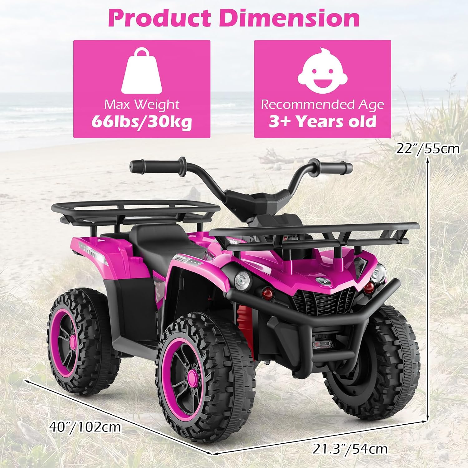 OLAKIDS 12V Kids ATV Quad with 2 Speeds, Spring Suspension, LED Lights, Music & Story Player, Big Tires, 2 Storage Spaces, Ride On Car for Boys Girls Ages 3+ (24V, Light Pink)