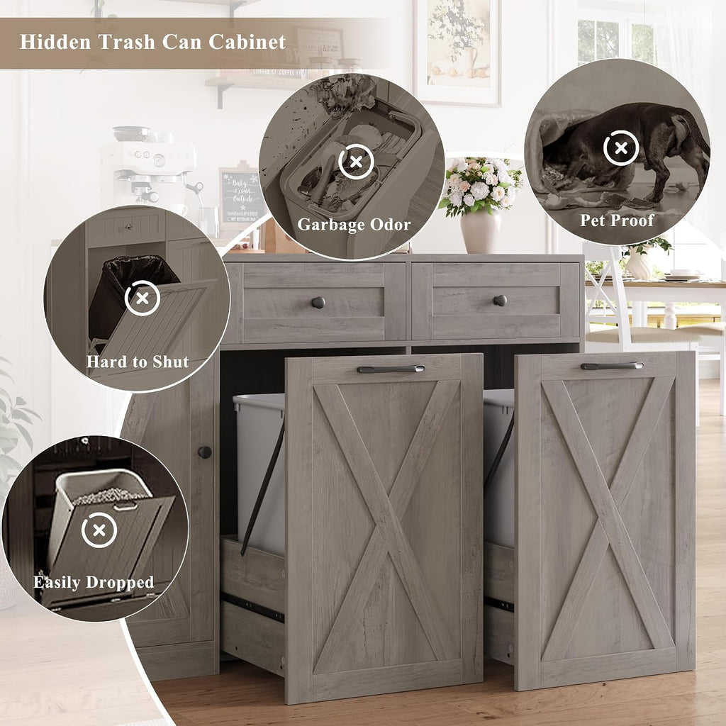HOSTACK 12.5 Gallon Kitchen Trash Cabinet, 47' Double Trash Can Cabinet, Large Pull Out Can Storage Drawers, Wood Farmhouse Hidden Garbage Storage Buffet for Kitchen, Dining Room, Ash Grey