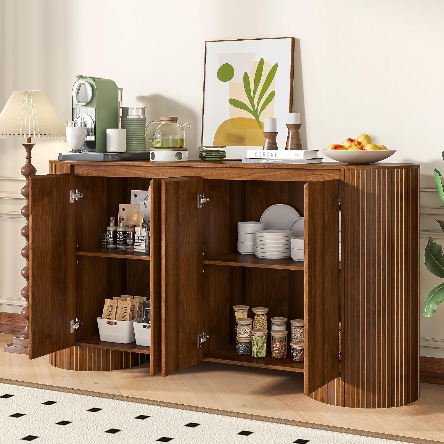Sideboard Buffet Cabinet with Storage, 60' Modern Credenza Storage Cabinet with 4 Doors and Adjustable Shelves, Large Oval Buffet Table for Kitchen, Living Room (Walnut)
