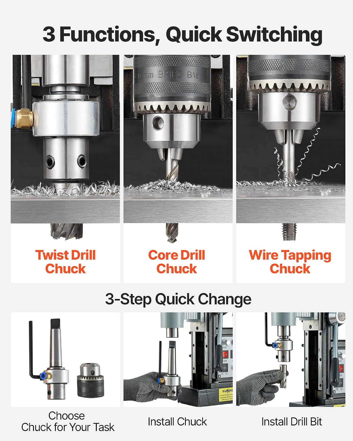 VEVOR Magnetic Drill Press, 1550 W, 2.4 in Boring Diameter, 2922 lbf Power Mag Drill Press, 0-600 RPM Adjustable Speed, Morse Taper, M3-M16 Tapping, for Metal Surface, Industrial and Home Improvement