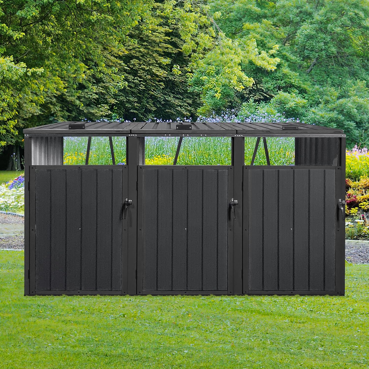 Garbage Can Storage Shed for 3 Trash Bins Outdoor Metal Bin Enclosure with Lockable Doors and Ventilation Weather-Resistant Steel Trash Can Hideaway with Lid and Spring Design for Patio Backyard Black