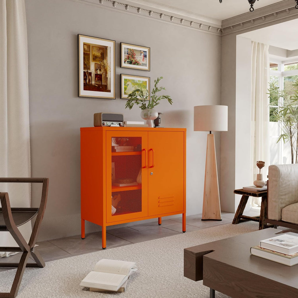 Orange Metal Locker CabinetsMetal Locker Storage Cabinet with Mesh Doors and Adjustable Shelves Coffee Bar Cabinet,Kitchen Pantry Storage Cabinets for Home, Office, Entryway and Hallway