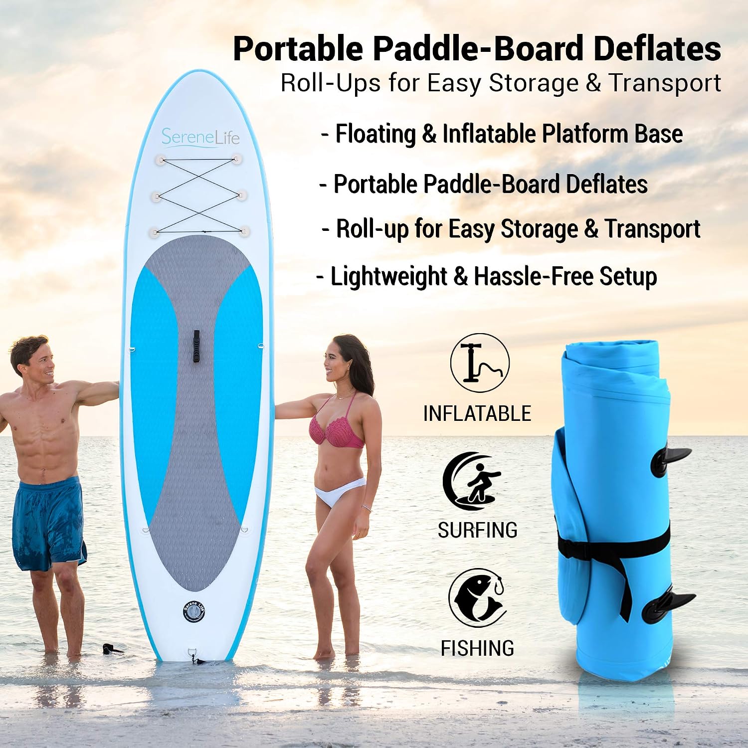 SereneLife Inflatable Stand Up Paddle Board - Wide Stable Design, Non-Slip Deck for Adults & Youth with Premium Paddle Board Accessories: Carry Bag, Dual Action Pump, Paddle, Ankle Leash - 10'