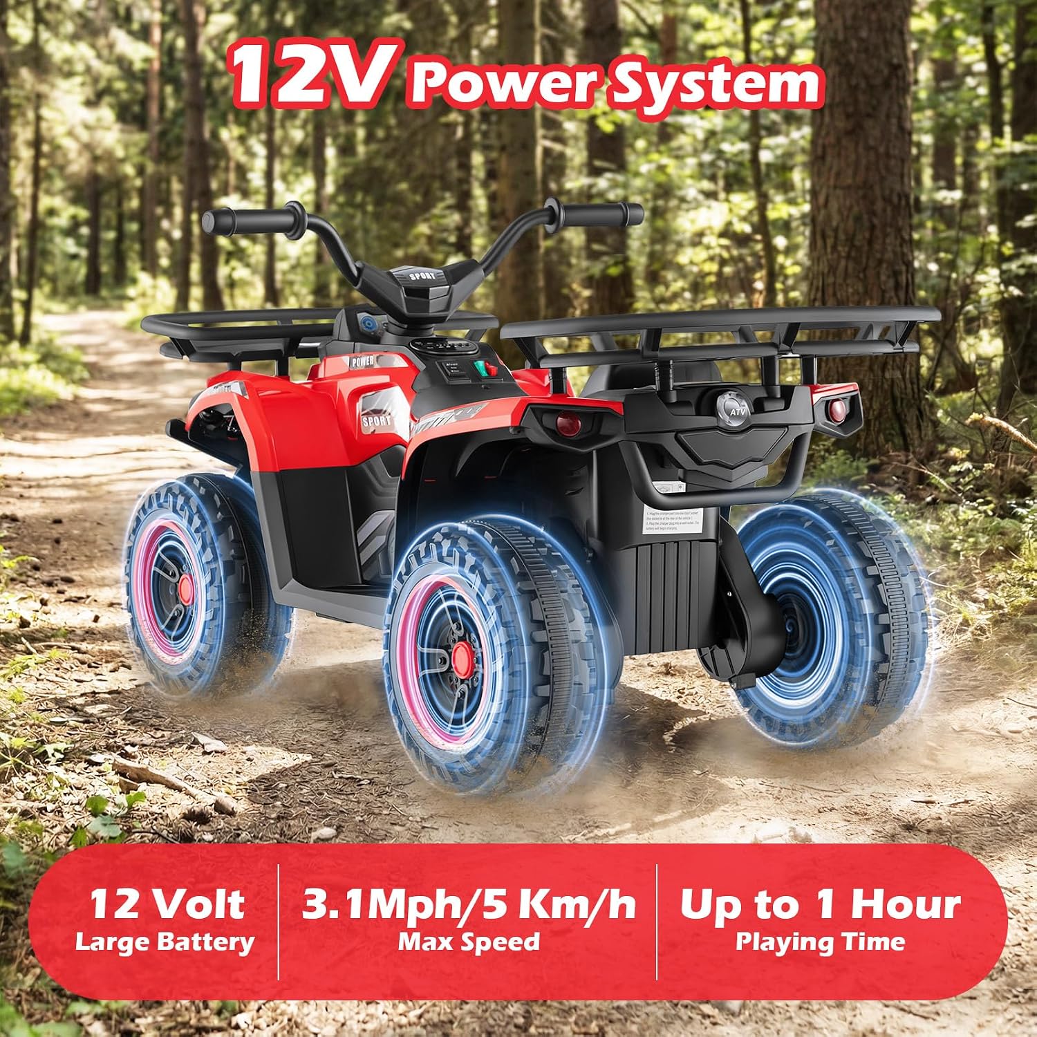 OLAKIDS 12V Kids ATV Quad with 2 Speeds, Spring Suspension, LED Lights, Music & Story Player, Big Tires, 2 Storage Spaces, Ride On Car for Boys Girls Ages 3+ (12V, Red)