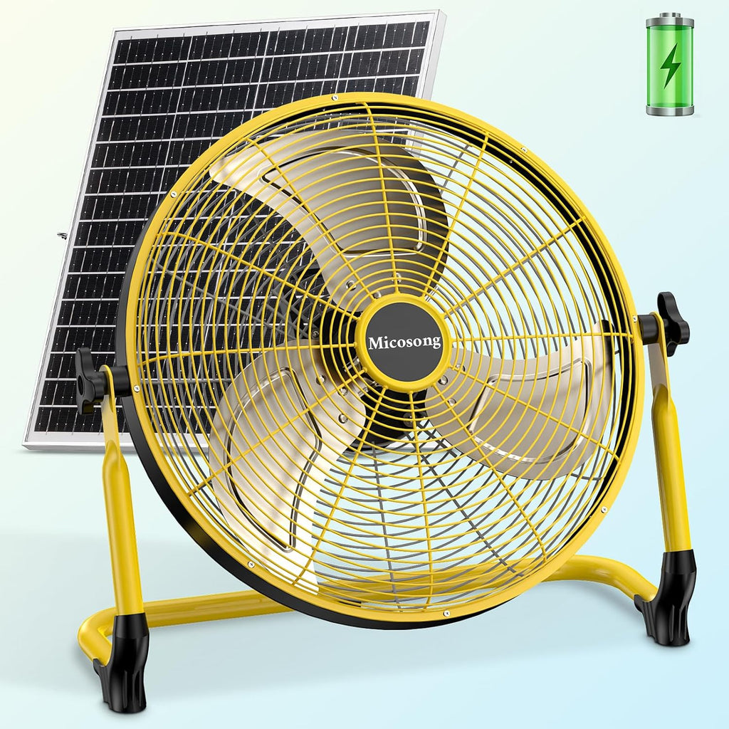 18'' Portable Solar Powered Floor Fan, Cordless Camping Fan Outdoor, Long Lasting Rechargeable Battery Operated Fan, 360° Tilt, USB Output, Wireless, for Home Gazebo Greenhouse Outside Gym