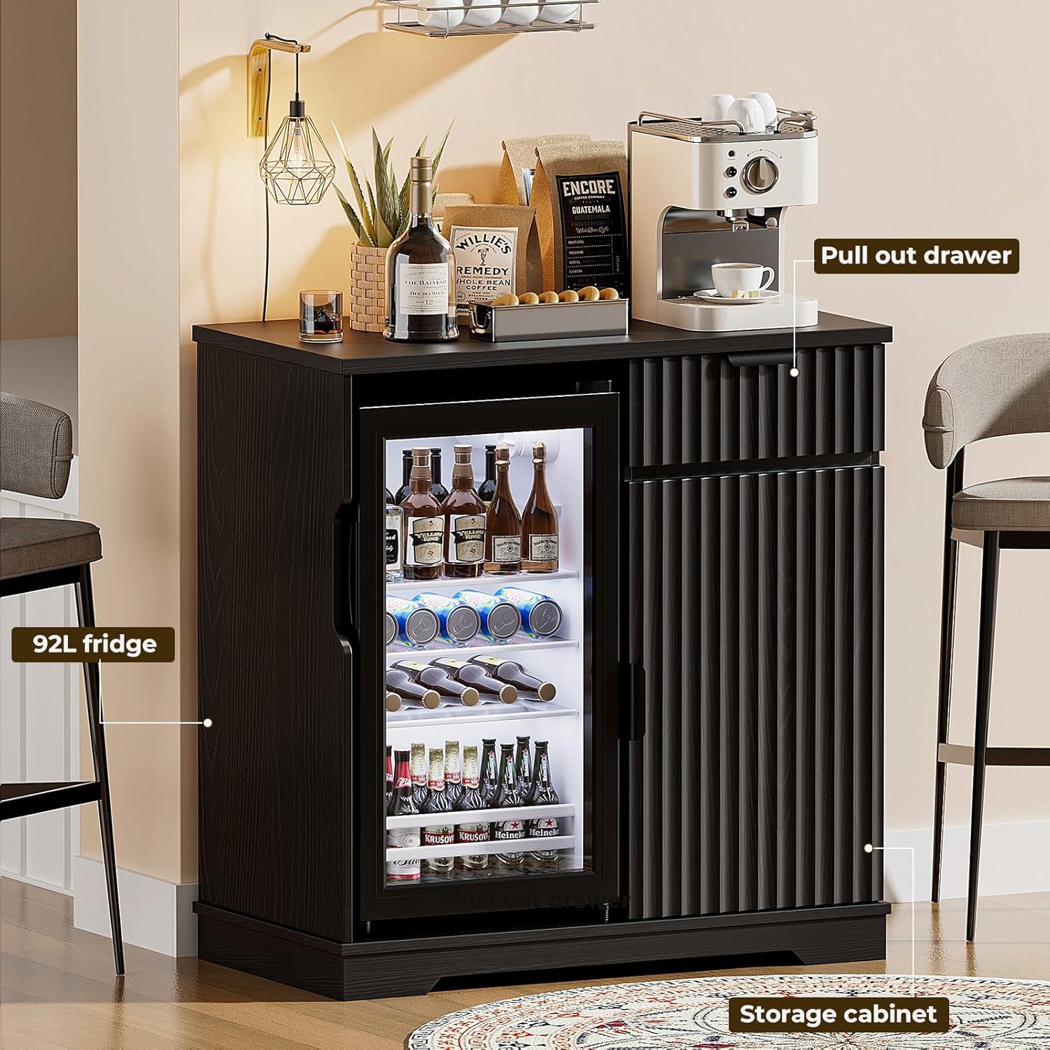 Mini Fridge Cabinet (Fridge Included), Fluted Coffee Bar Cabinet with Refrigerator, Pull Out Drawer & Storage Cabinets, 31.5' Liquor Wine Bar Cabinet for Home, Kitchen, Dining Room, Blac