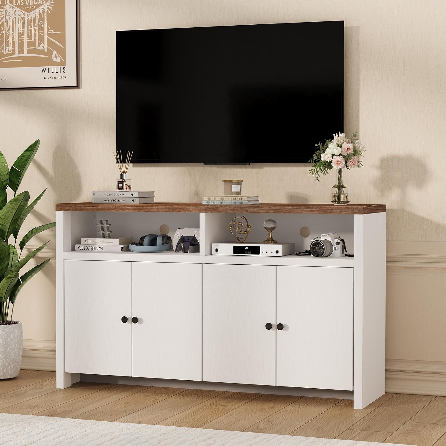 Garvee Sideboard Buffet Cabinet with Storage, 55'' Large Farmhouse Kitchen Storage Cabinet with 4 Doors & Adjustable Shelves, Wood Coffee Bar Cabinet for Dining Room, Entryway, Living Room, White