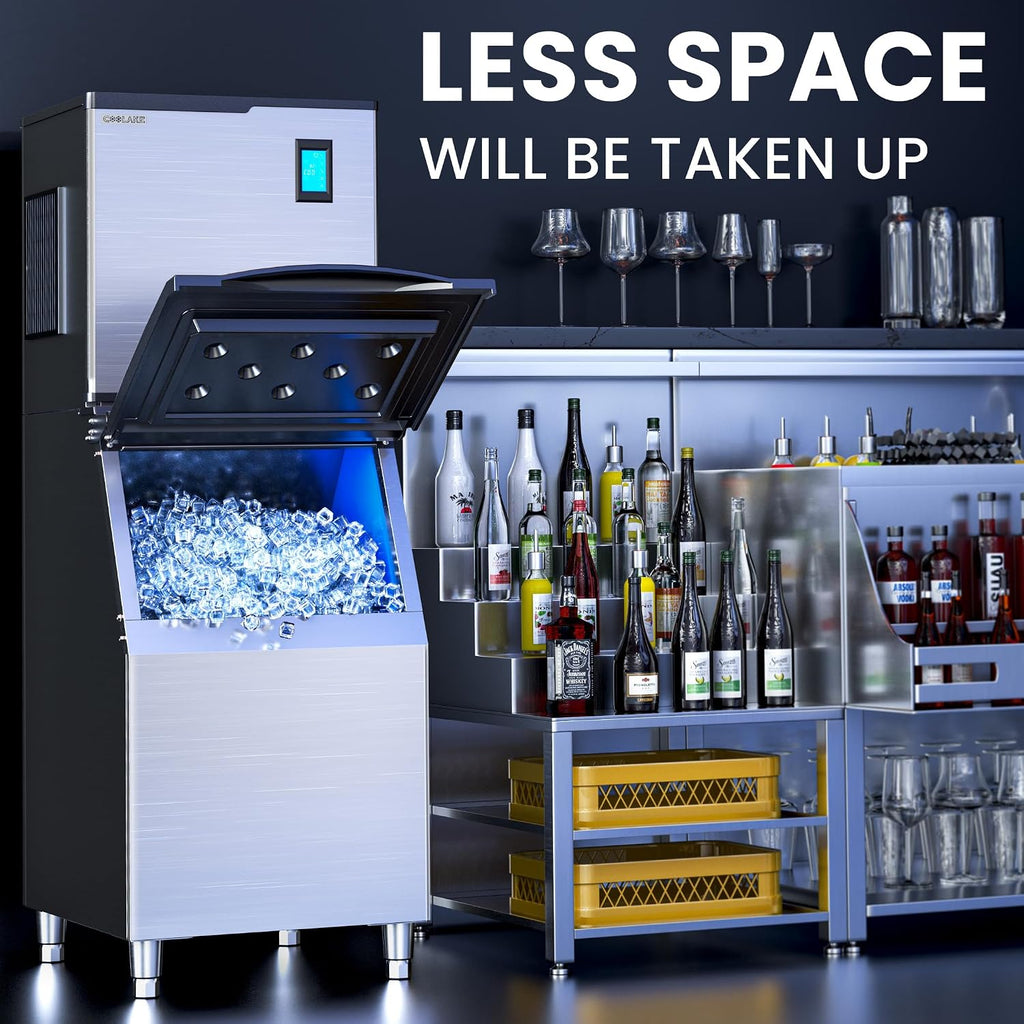 Coolake 360 lb. Commercial Ice Machine Storage Bin, 26' Stainless Steel Space Saving Footprint Ice Bin with Convenient Lift-up Door, Filter, Scoop, Adjustable Feet, for Bar Restaurant Shop