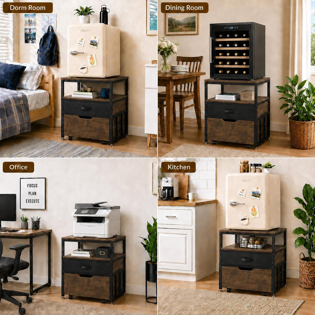 Mini Fridge Stand with Storage Drawer for Dorm Room, 220 lb Heavy Duty Refrigerator Stand with Power Outlet and Pull-Out Basket, Small Fridge Table for Apartment, office, Kitchen, Retro Brown