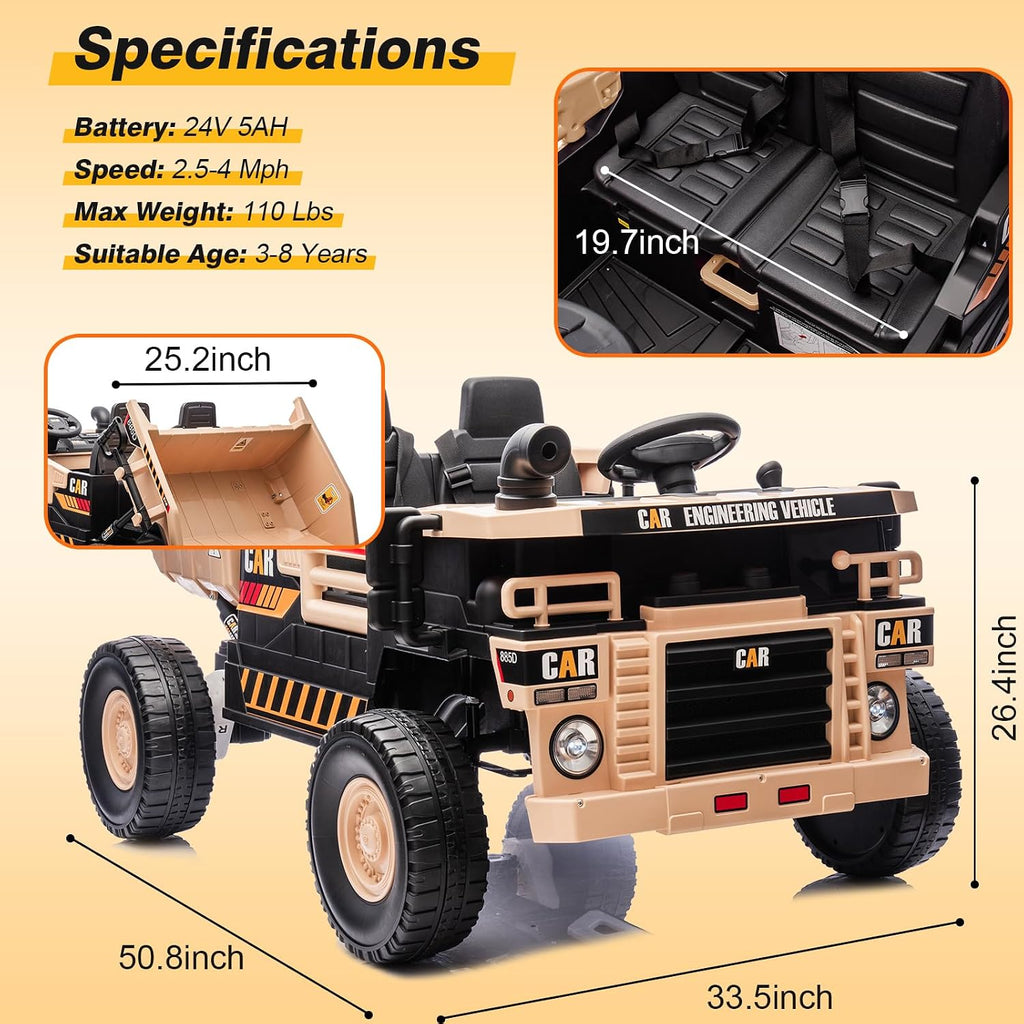 RunFast 24V 2 Seater Ride on Dump Truck for Kids,Electric Ride on Cars with Remote Control,2X75W Powerful Motors and Up to 4Mph,Electric Dump Bed,Extra Shovel,Music Player,Gift for Boy&Girl(Khaki,24V)