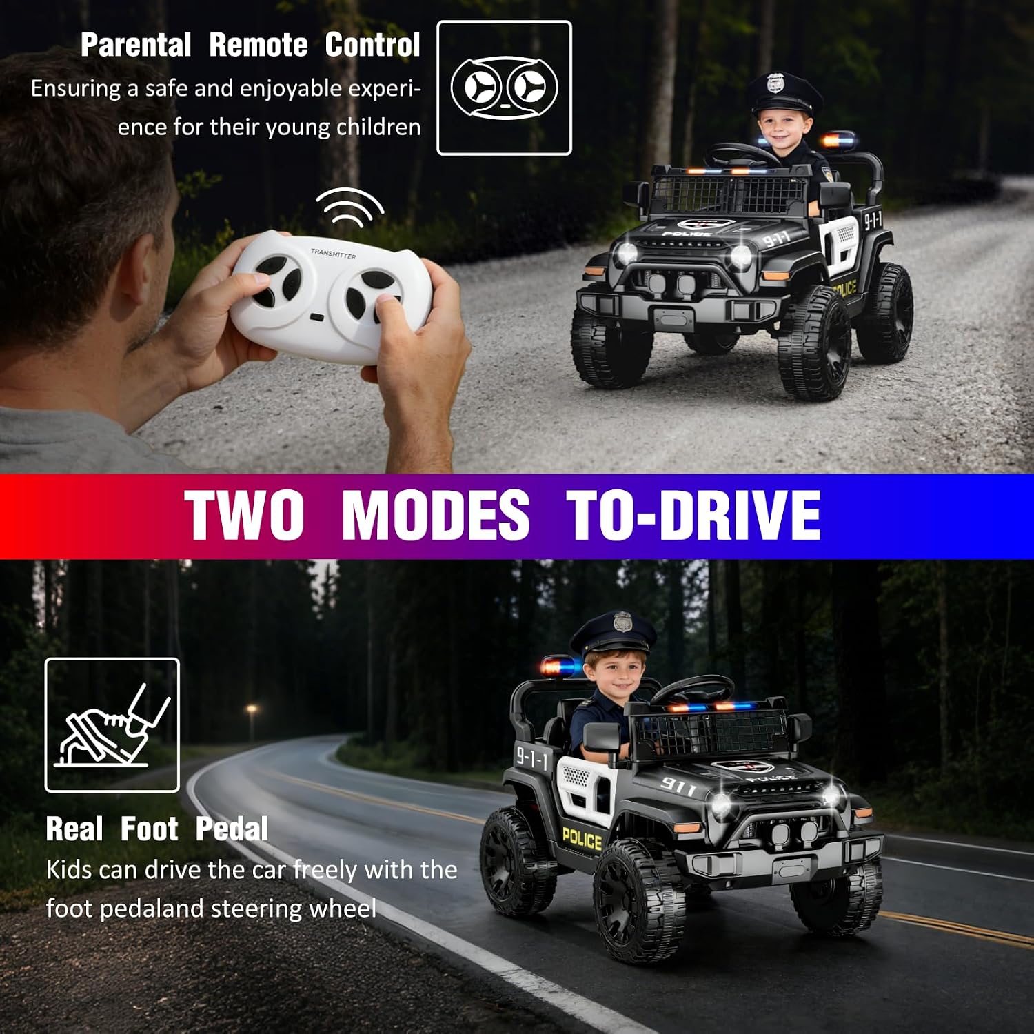 12V Ride on Car with Parent Remote Control, Toddler Police Electric Car with Spring Suspension, LED Lights & Music Player - Safe Battery Toy for Kids, Christmas & Birthday Gift