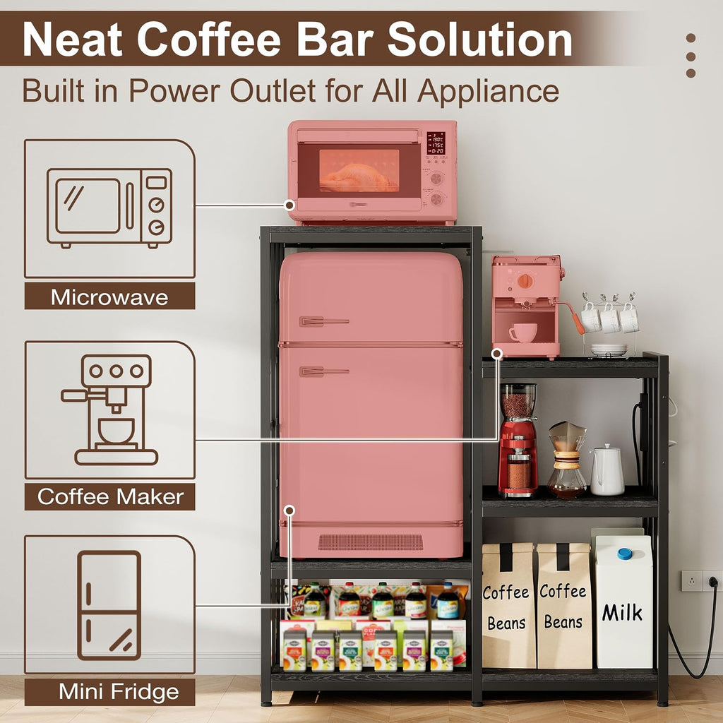 Mini Fridge Stand Coffee Bar Cabinet Station With Small Refrigerator Insert Storage Space, Shelf Organizer For Dorm Microwave To Sit, Black Baker Rack With Power Outlet, Big Table To Go Over Fridge
