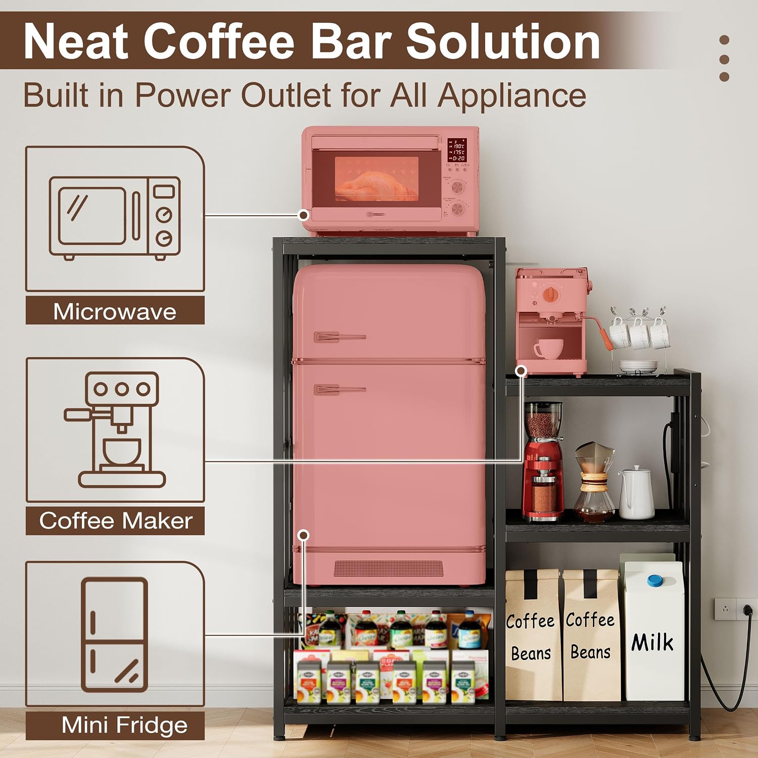 Mini Fridge Stand Coffee Bar Cabinet Station With Small Refrigerator Insert Storage Space, Shelf Organizer For Dorm Microwave To Sit, Black Baker Rack With Power Outlet, Big Table To Go Over Fridge