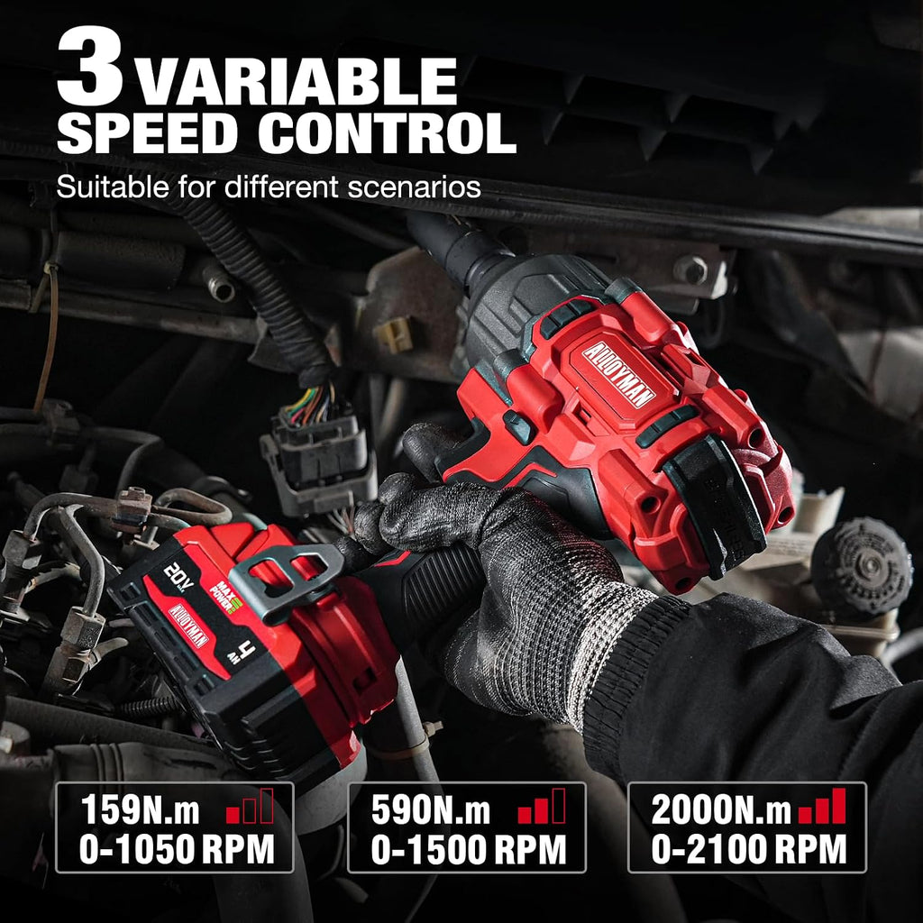 Alloyman Cordless Impact Wrench, 1475Ft-lbs (2000N.m) 1/2 High Torque Brushless Impact Gun, 20V Power Impact Driver, 2*4000mAh Battery,3 Sockets, Brushless Motor Variable Speeds for Car/Truck RV/Mower