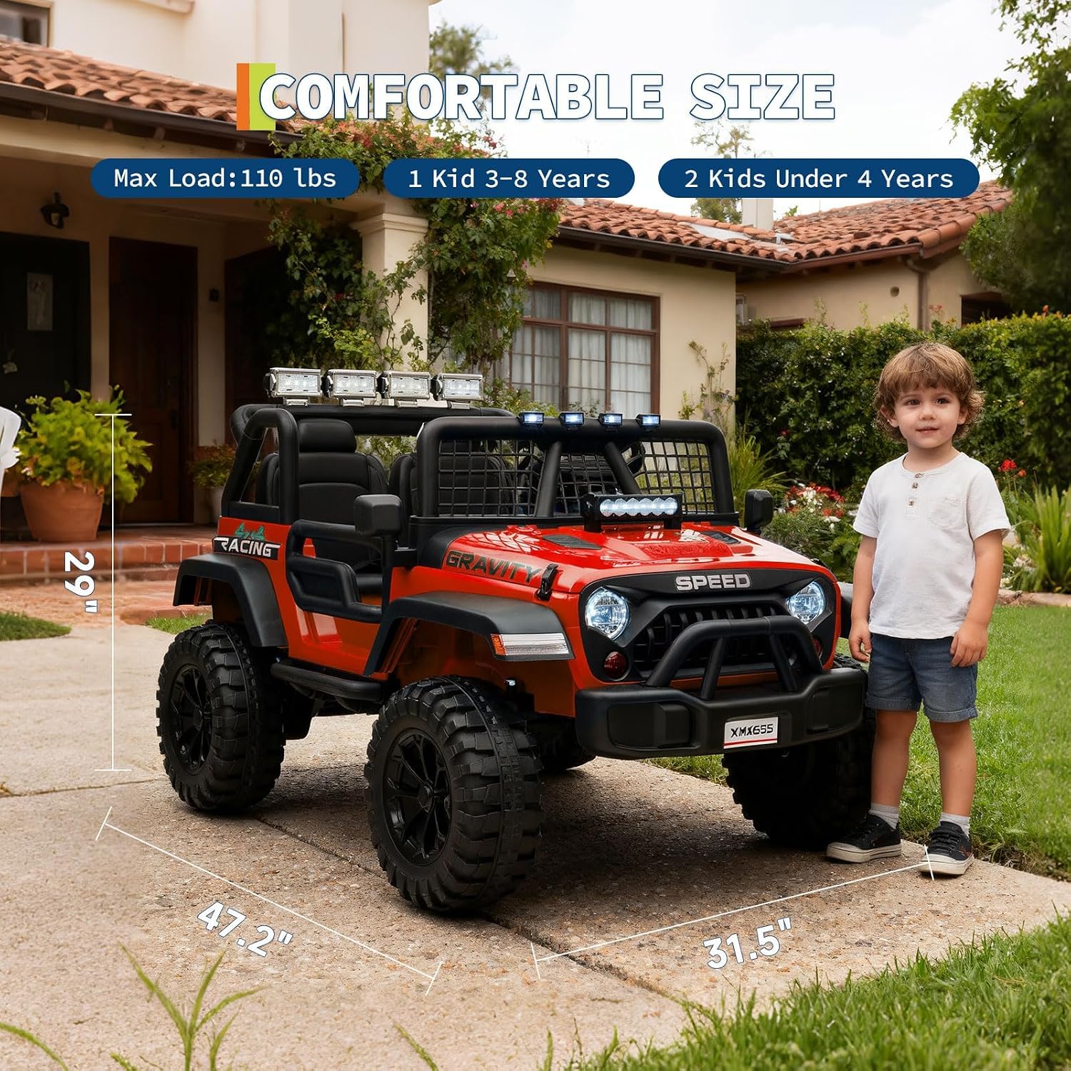 24V Ride on Car for Kids, 2 Seater Electric Truck with Parent Remote Control, Spring Suspension, 2 Speeds, LED Headlight & Music Player, Kids Electric Vehicle for Aged 3-8 Years, Red