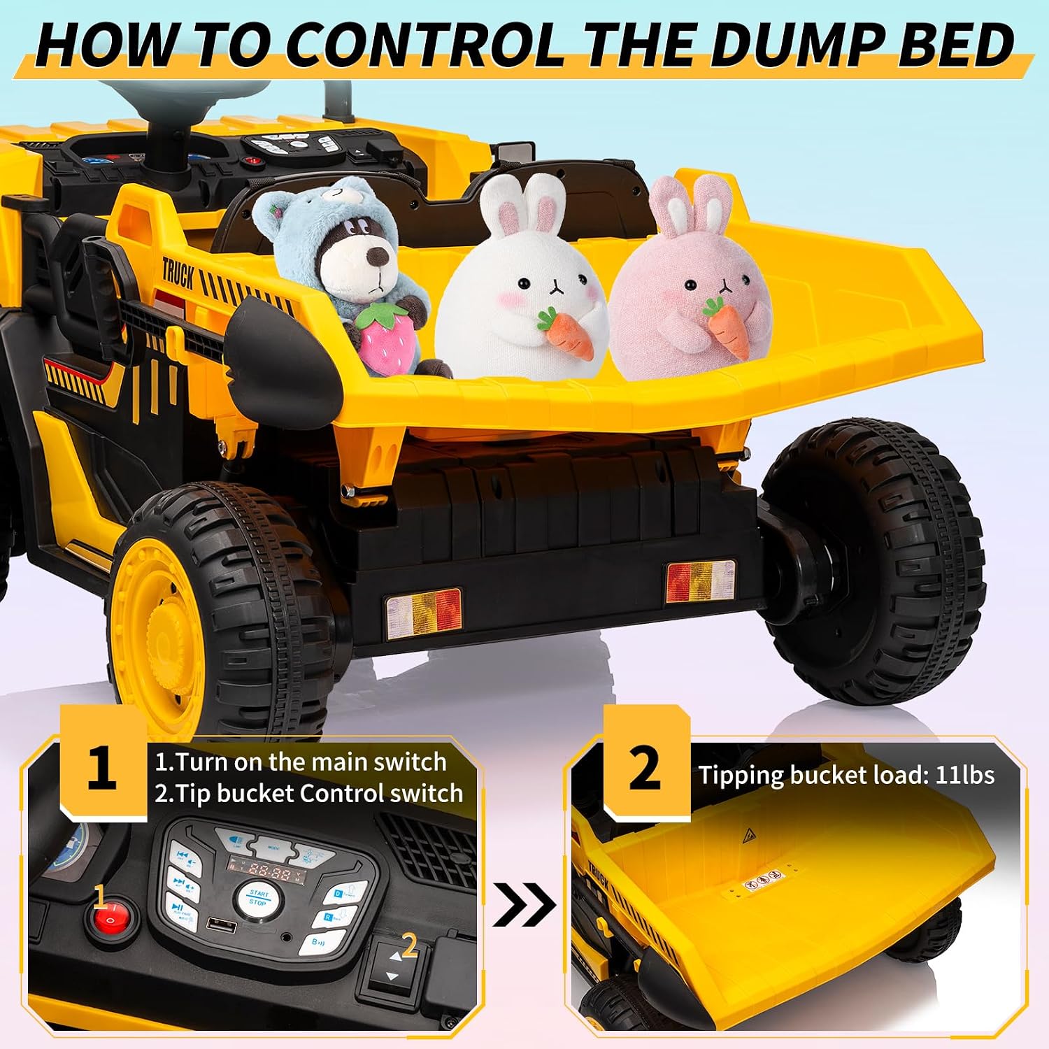 24V Kids Ride On Dump Truck with R/C, 2 Seater Electric Car - 2WD/4WD Powerful Motors, 4.4 Mph, Electric Dump Bed & Shovel, EVA Tires, Music Player, Soft Start, 19' Spacious Seat (Yellow)