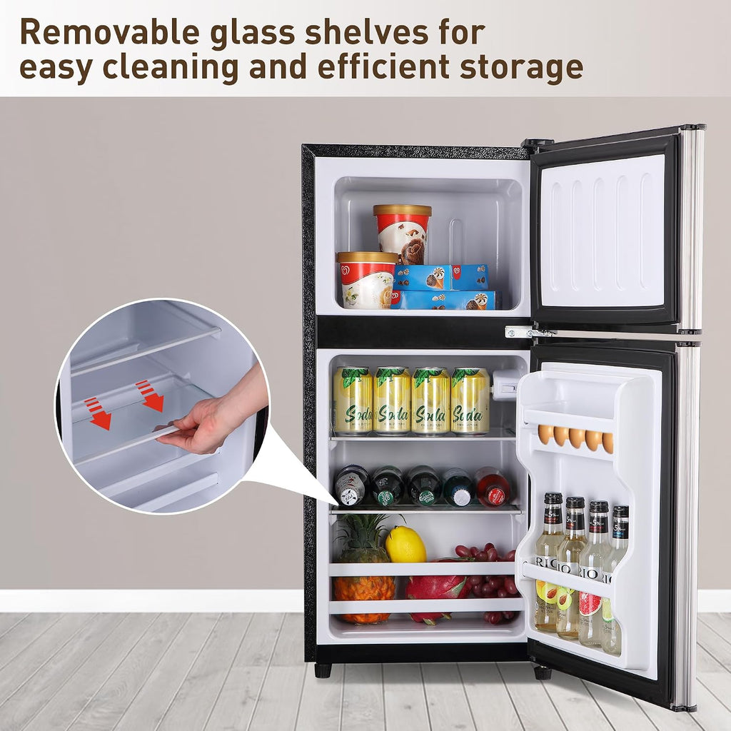 Mini Refrigerator with Freezer, 3.5 Cu. Ft. Small Fridge with Freezer 2 Door Mini Fridge with 7-Level Adjustable Thermostat Removable Shelves, Compact Refrigerator for Office/Dorm/College/RV, Silver