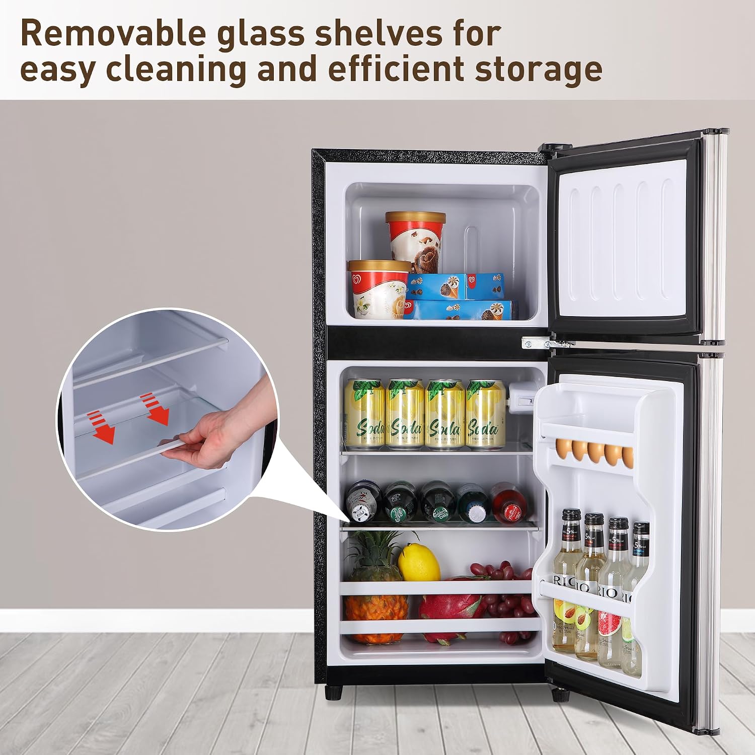 Mini Refrigerator with Freezer, 3.5 Cu. Ft. Small Fridge with Freezer 2 Door Mini Fridge with 7-Level Adjustable Thermostat Removable Shelves, Compact Refrigerator for Office/Dorm/College/RV, Silver