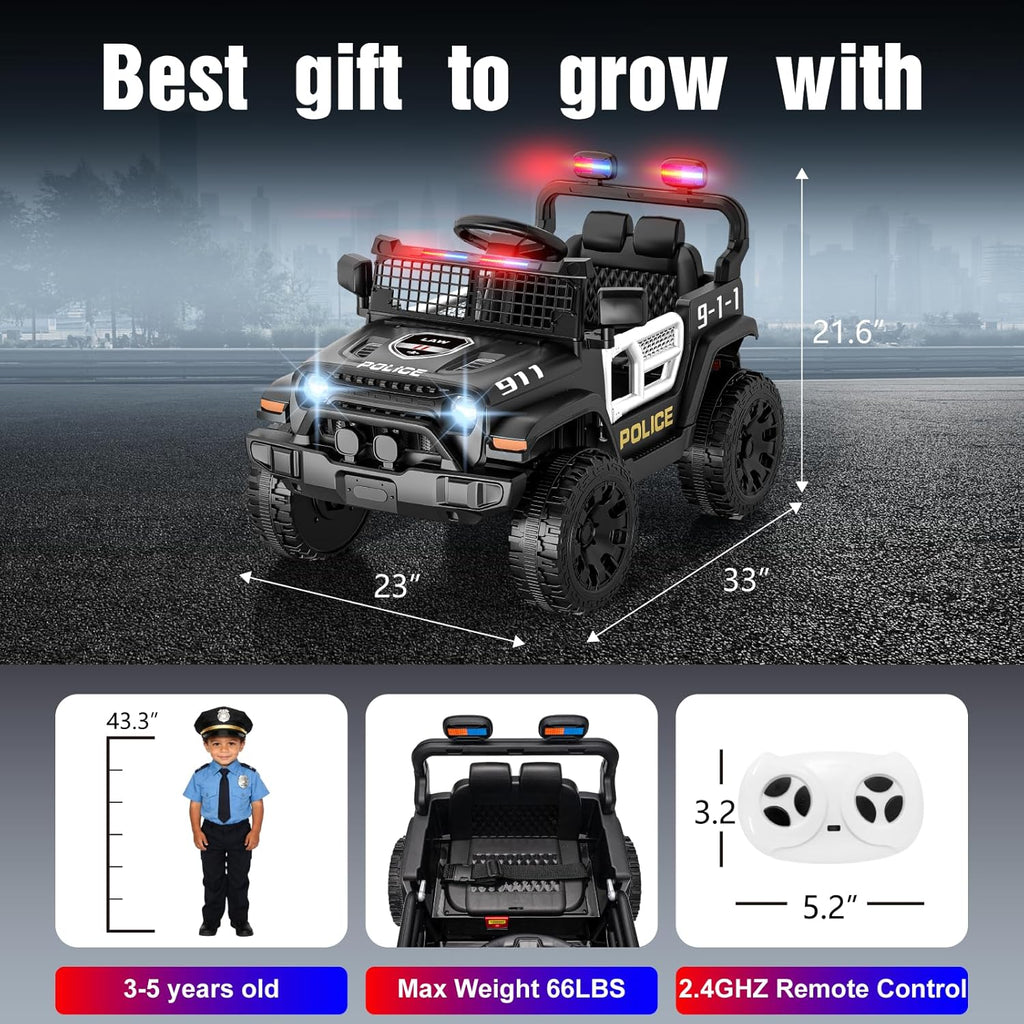 12V Ride on Car with Parent Remote Control, Toddler Police Electric Car with Spring Suspension, LED Lights & Music Player - Safe Battery Toy for Kids, Christmas & Birthday Gift