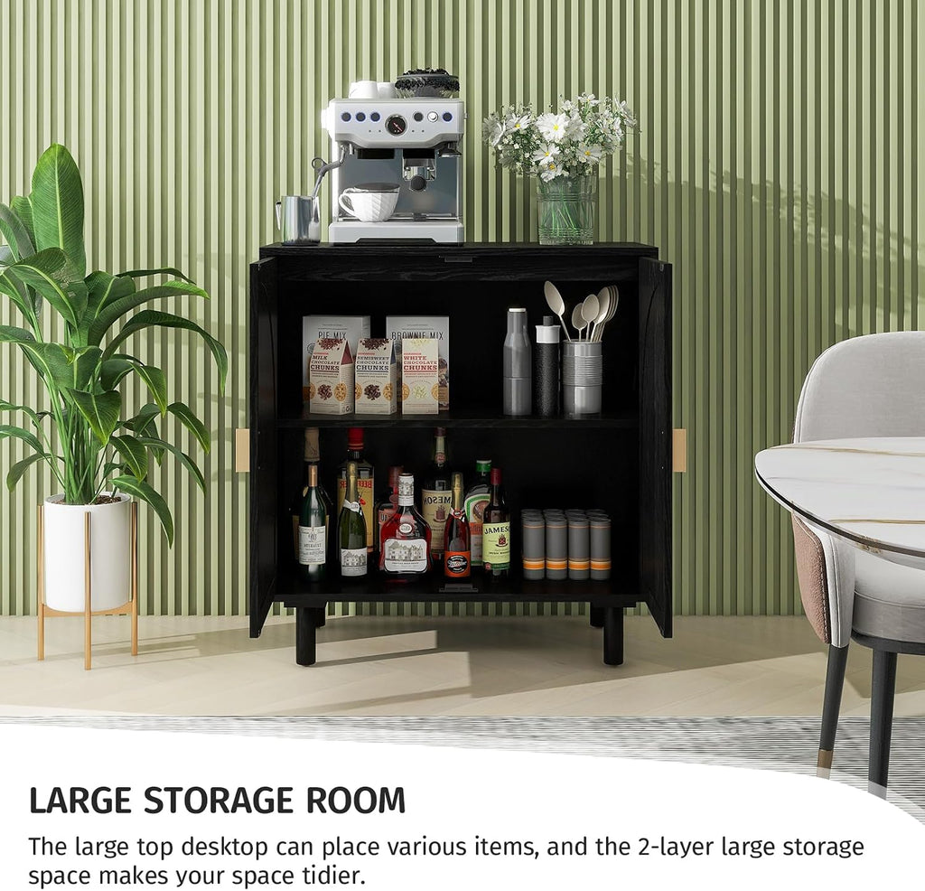 vistavie Rattan Buffet 2 Door Cabinet with Storage, Sideboard Storage Cabinet with Solid Pine Legs, Accent Wood Cabinet for Bathroom, Dining Room, Kitchen (Black)