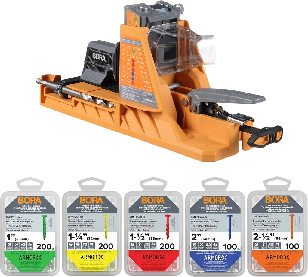BORA Automatic Pocket Hole Jig with 800 pc Coarse Thread Screws, Auto Adjusting Drill Guide, Pocket Hole Jig Kit for Woodworking - For Materials 1/2 inch to 1 1/2 inch Thick, Power Tool Accessory Jigs