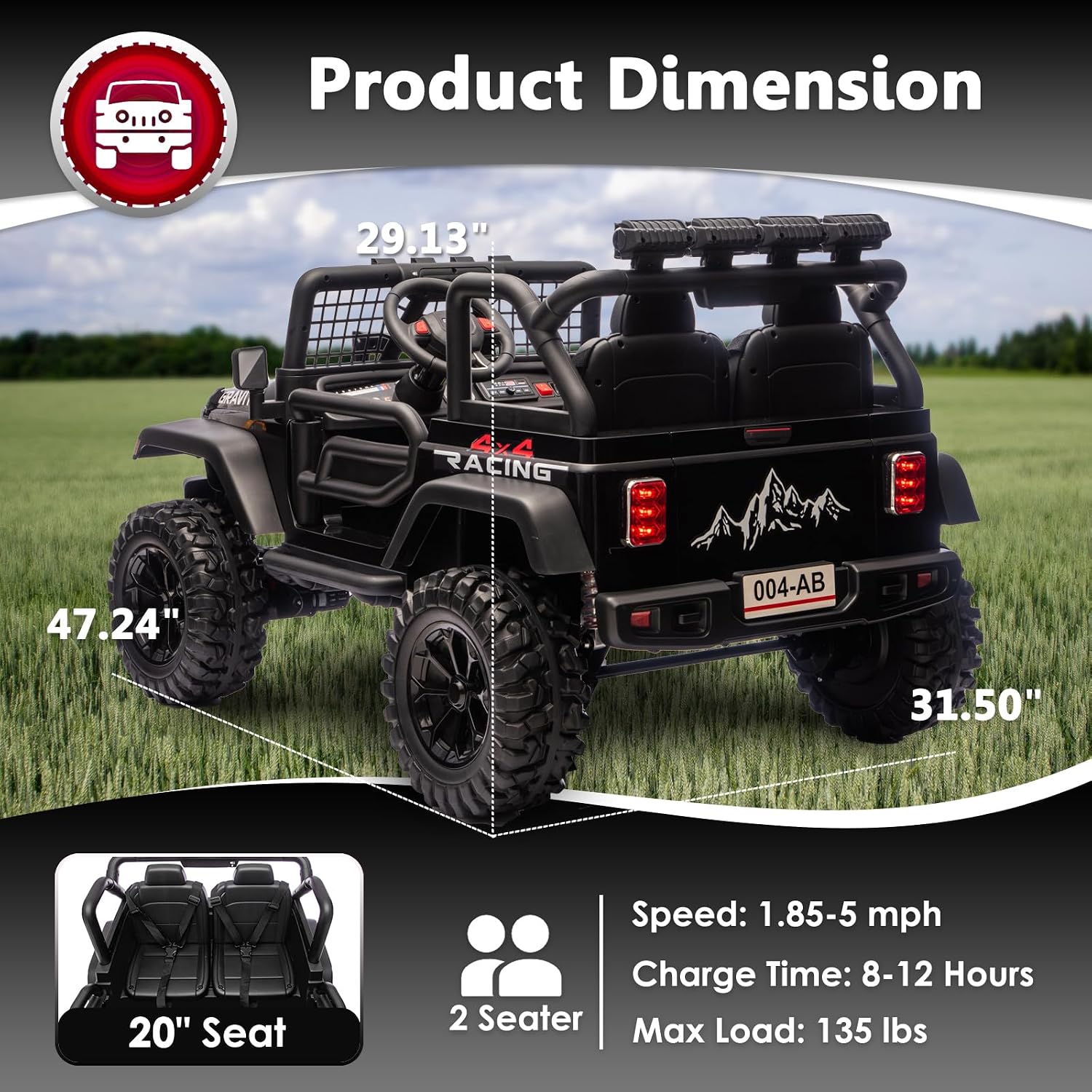 Sopbost 24V 7Ah 2 Seater Ride On Truck Ride On Toy for Big Kids Ride On Car with Remote Control Off-Road Electric Car with Shock Absorber, LED Lights, Bluetooth Music Player, EVA Tires, Black