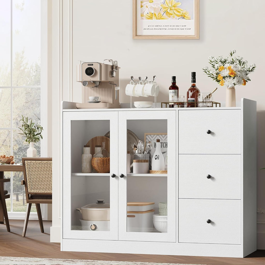 Takywep Kitchen Storage Cabinet, Wooden Coffee Bar with 3 Drawers & Double Doors, Sideboard Buffet Cabinet for Kitchen, Living Room, Entryway, Bathroom, White