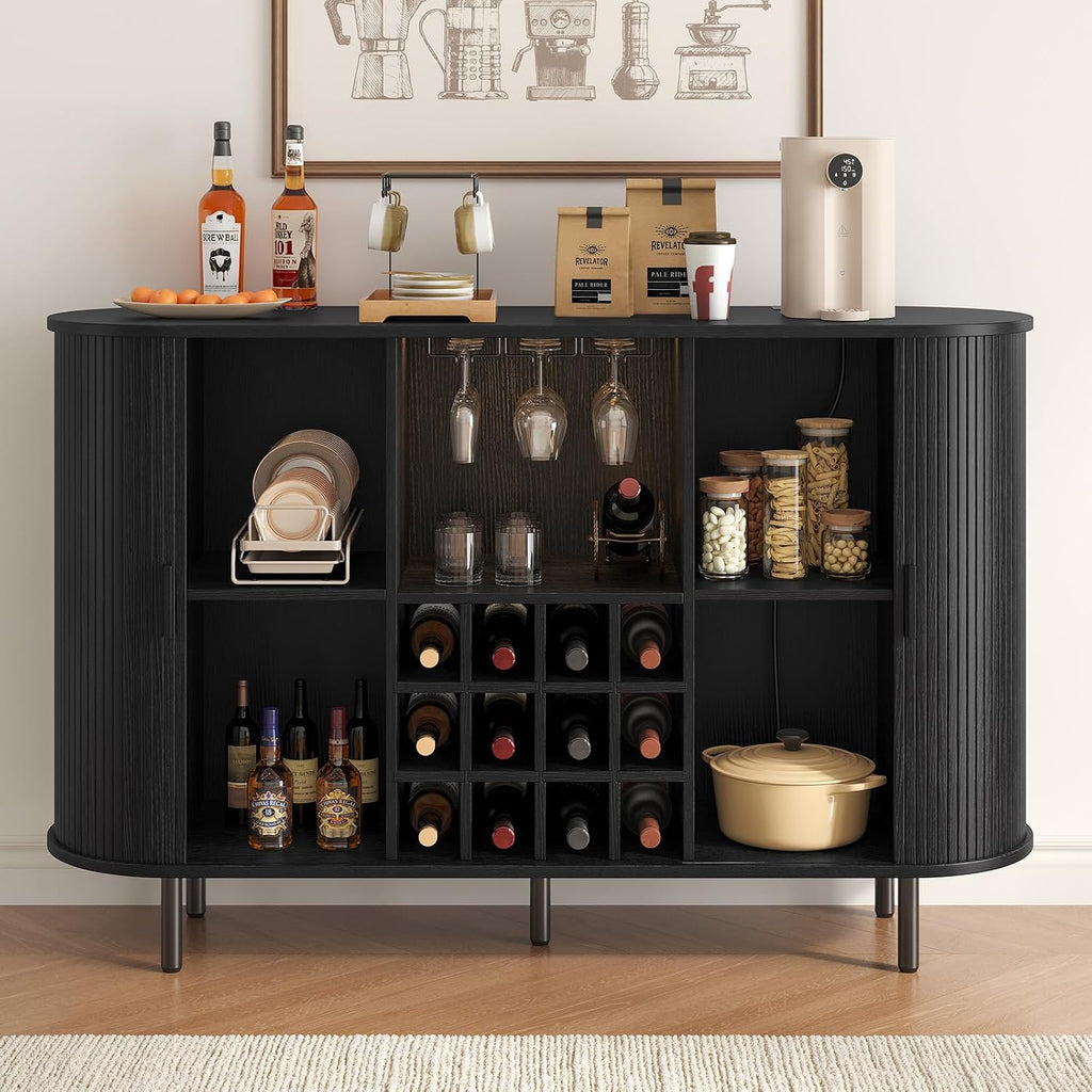 55 Inch Fluted Wine Bar Cabinet, Liquor Cabinet with LED Light, Coffee Bar Cabinets with Storage, Mid-Century Modern Sideboard Cabinet with Charge Station Wine Racks for Kithcen (Black)