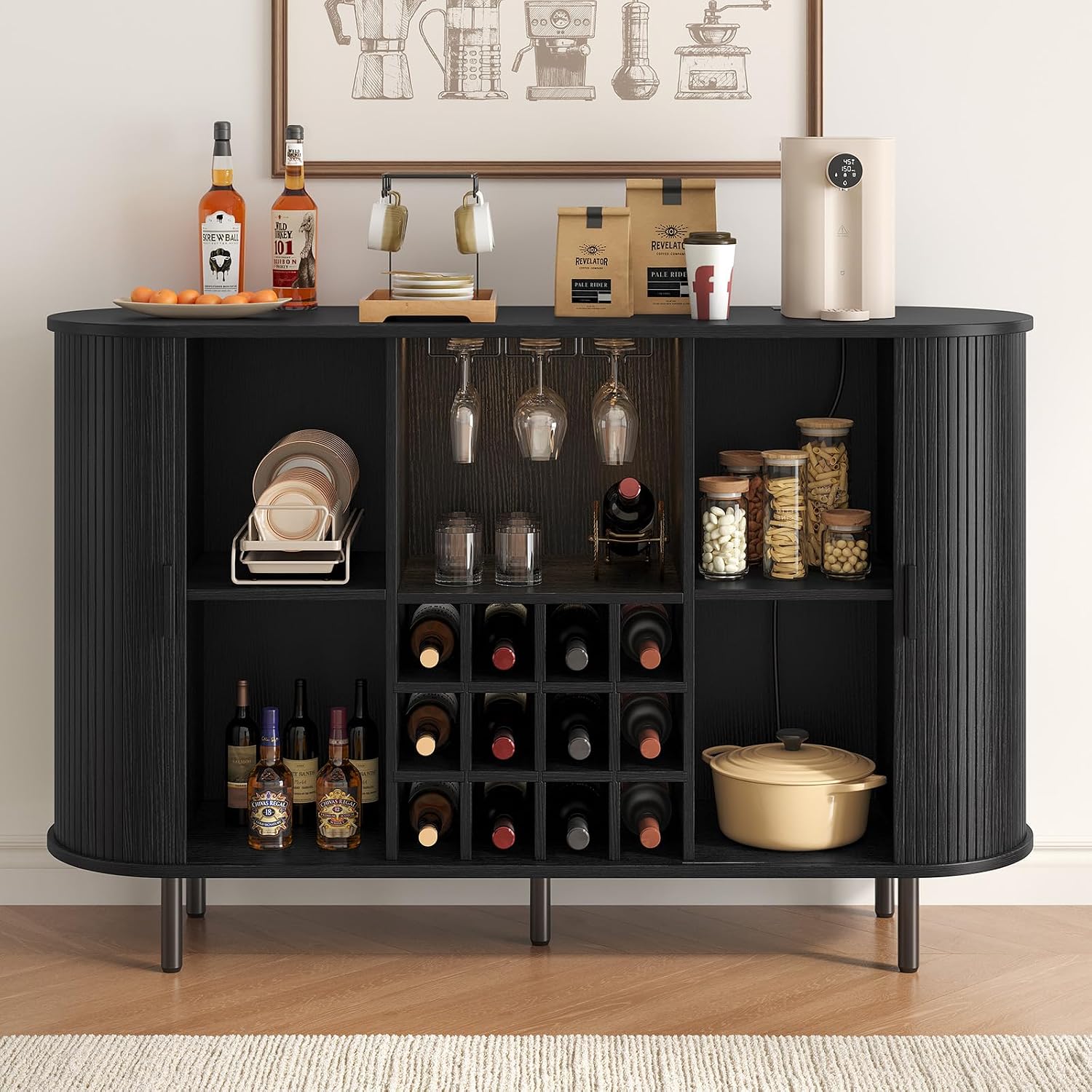 55 Inch Fluted Wine Bar Cabinet, Liquor Cabinet with LED Light, Coffee Bar Cabinets with Storage, Mid-Century Modern Sideboard Cabinet with Charge Station Wine Racks for Kithcen (Black)
