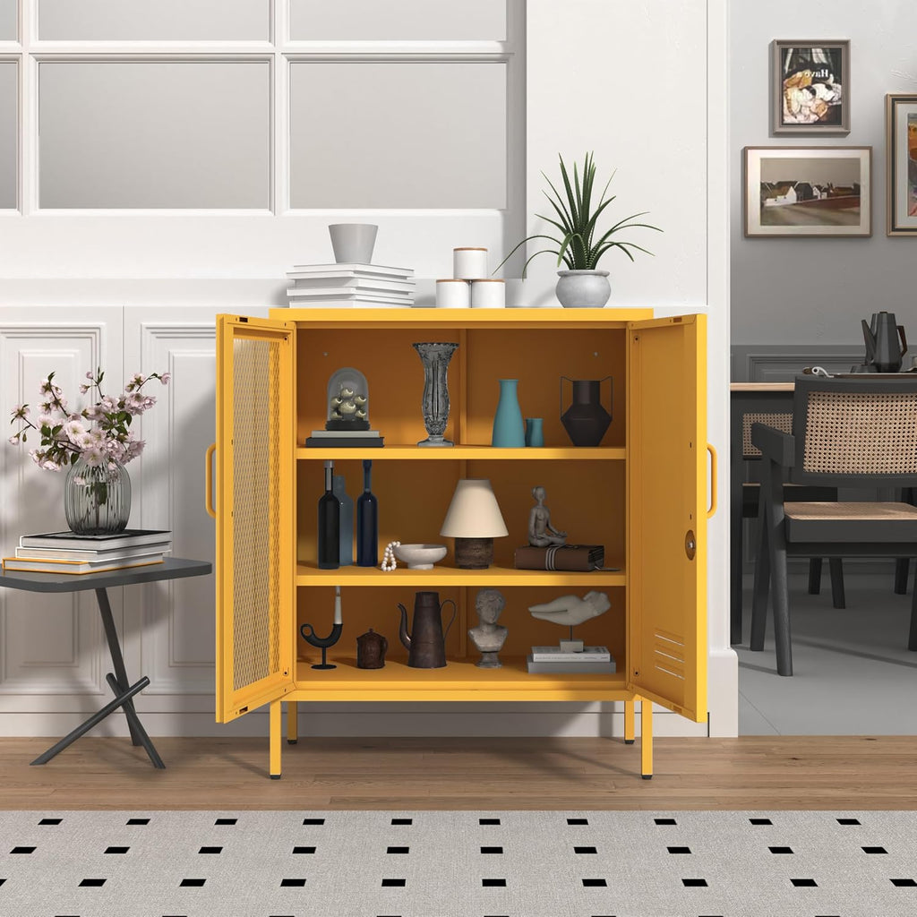 Yellow Metal Storage Cabinet with Lock 3-Tier Freestanding Locker Organizer with Mesh Ventilated Door Multipurpose Accent Cabinet Locker Adjustable legs For Hallway, Living Room, Entryway, Home Office
