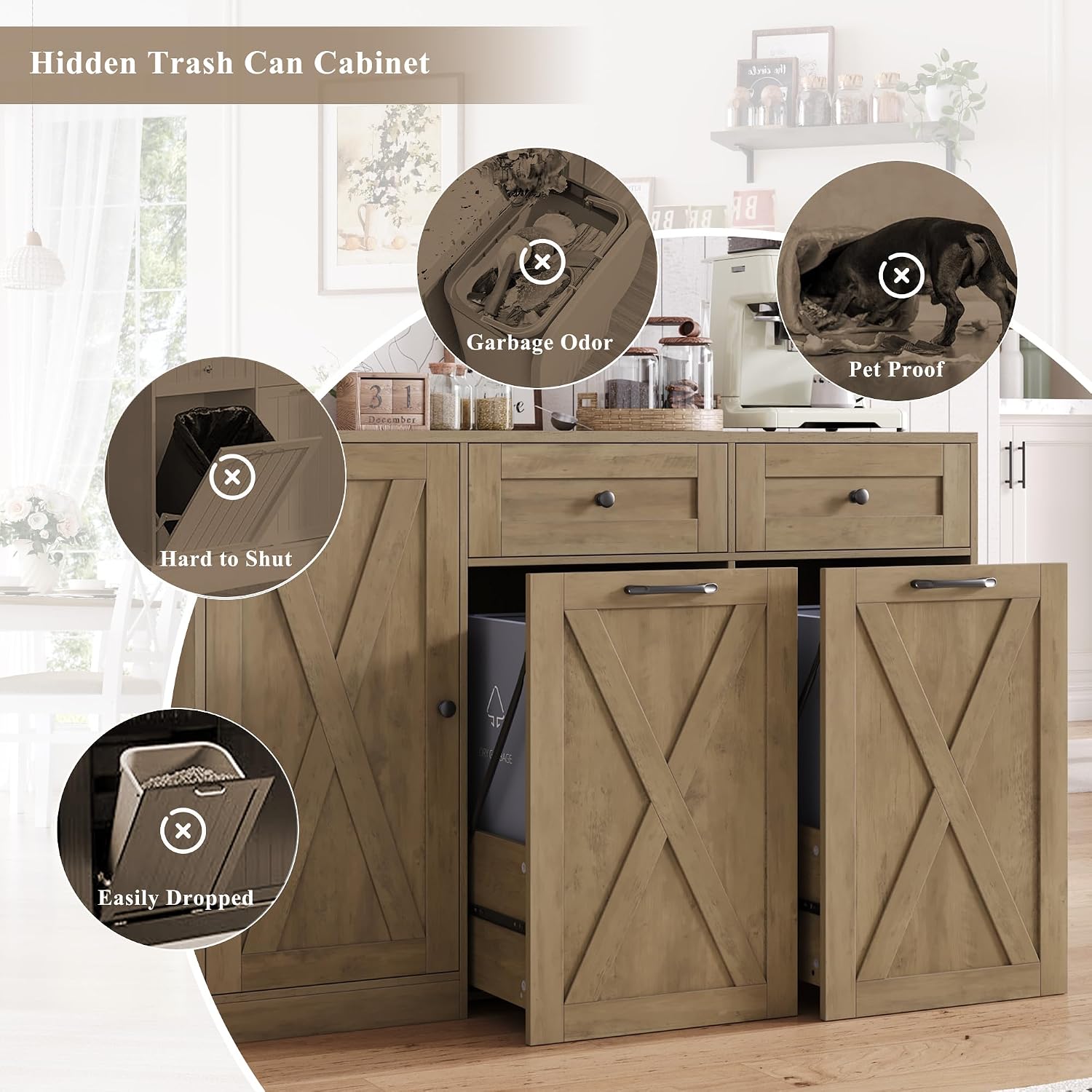 HOSTACK 12.5 Gallon Kitchen Trash Cabinet, 47' Double Trash Can Cabinet, Large Pull Out Can Storage Drawers, Wood Farmhouse Hidden Garbage Storage Buffet for Kitchen, Dining Room, Rustic Brown